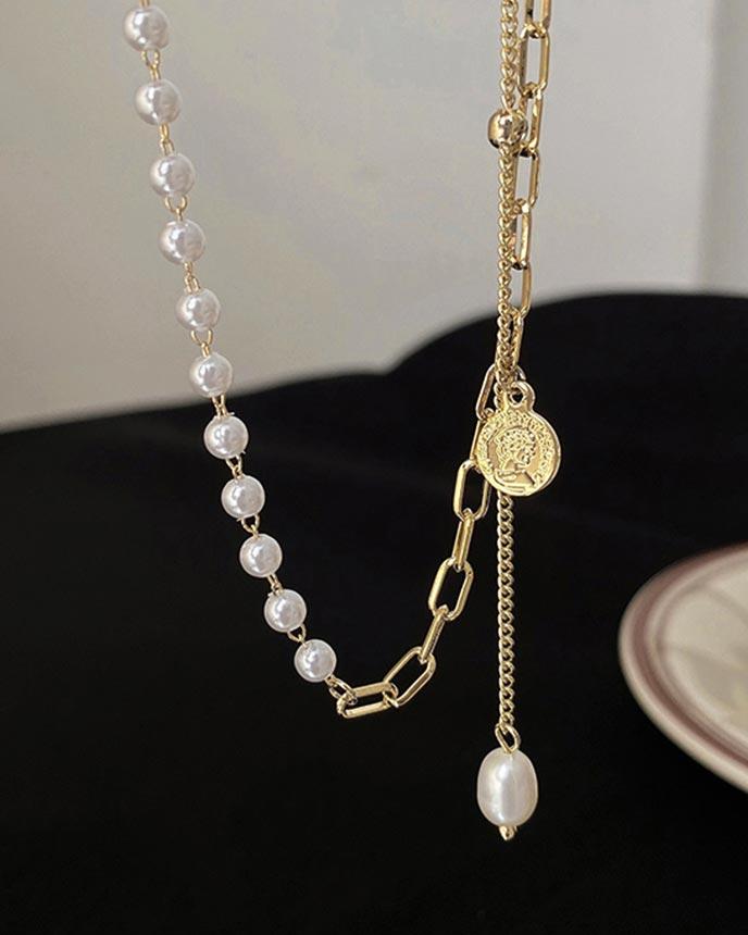 Half Pearl Chain Layered Necklace