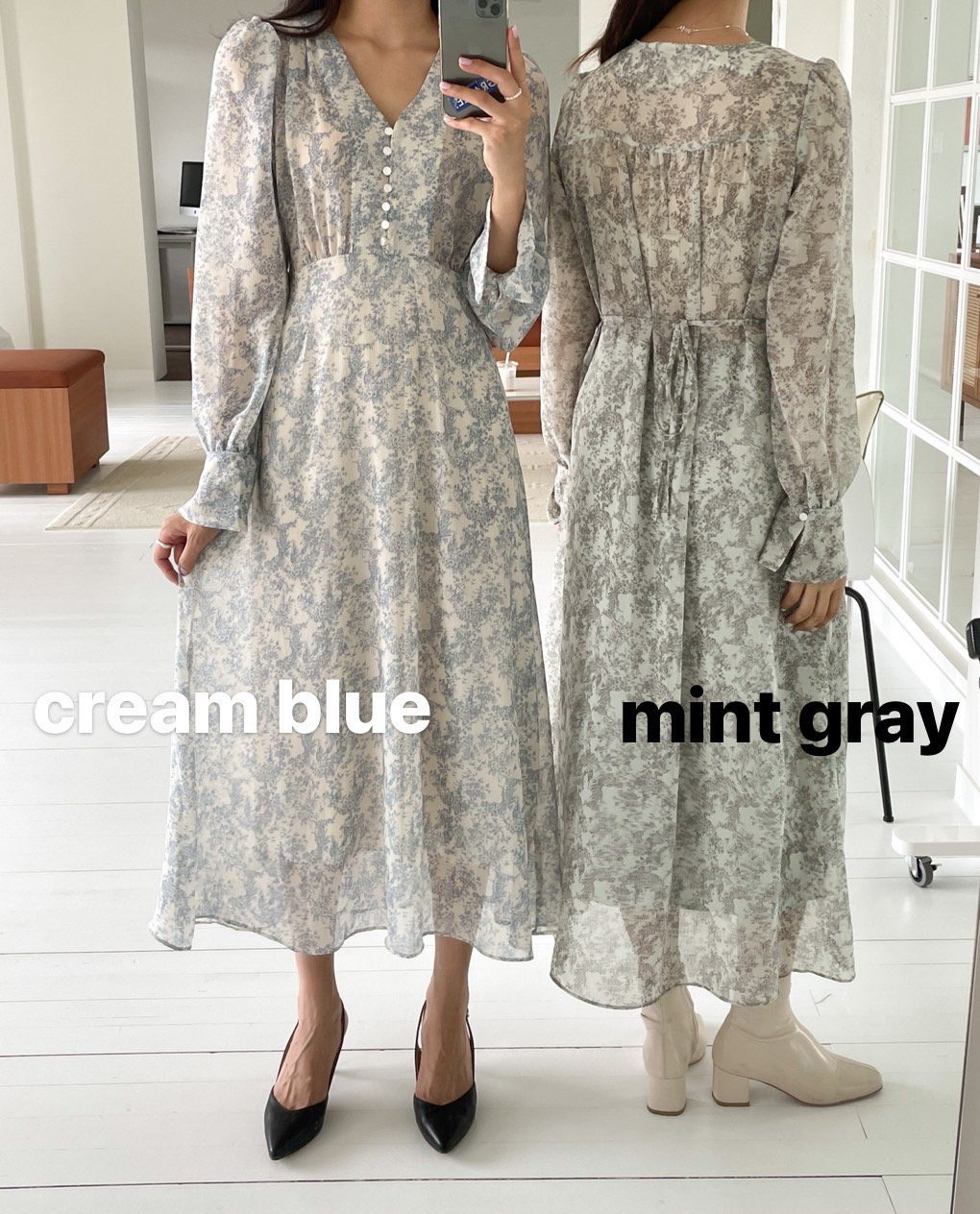 mini button dress cream blue gray black