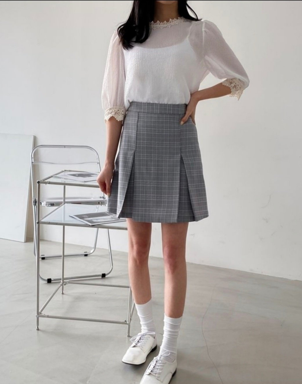 wafers skirt check pattern grey beige fashion