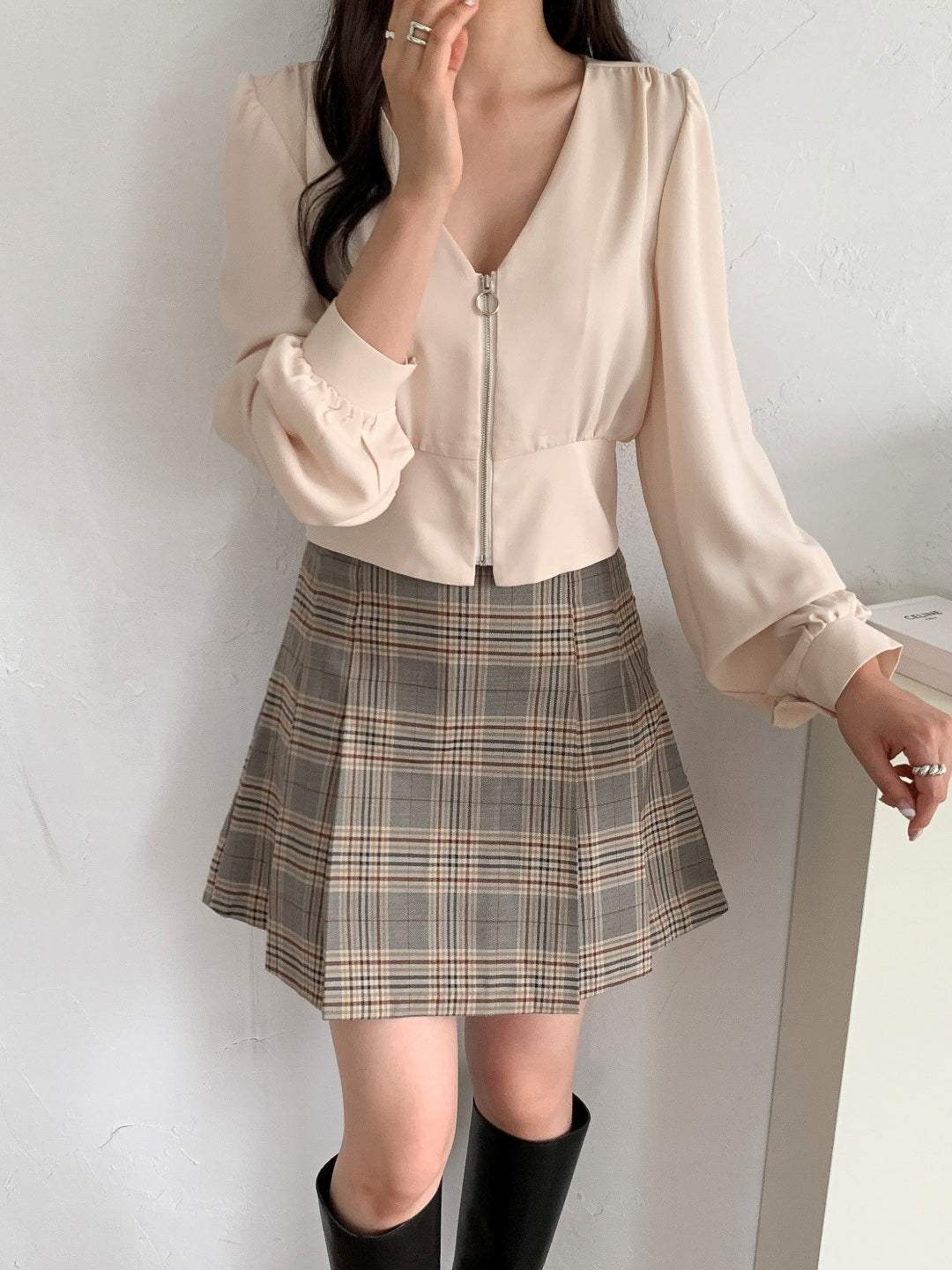 pleat detail check skirt