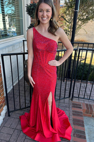 Cute A Line One Shoulder Beaded Satin Red Prom Dresses with Slit VK23011805  – Vickidress