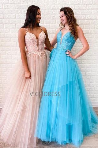 KissProm Veronica A Line Ink Blue Glitter Tulle Lace Prom Dress with Lace Up Back Ink Blue / 2
