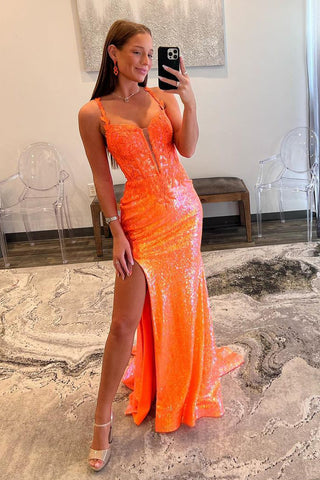 Orange Sequin Corset Top Mermaid Long Prom Dress with Slit – Modsele