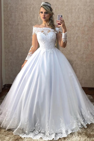 Free Shipping Princess Long Sleeves Sheer Back White Wedding Dress