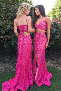 Two Pieces Mermaid Spaghetti Straps Sweetheart Fuchsia Lace Split Prom Dresses Evening Dresses VK0119032