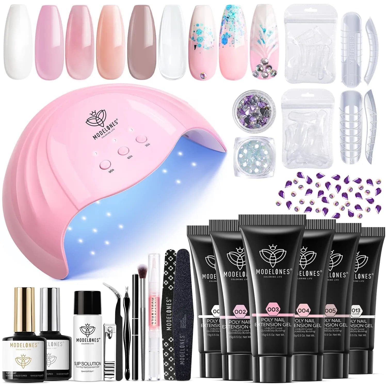 Modelones Poly Extension Gel Nail Kit Colors With 48W Nail Lamp Slip Solution Rhinestones Glitter All One Starter Kit