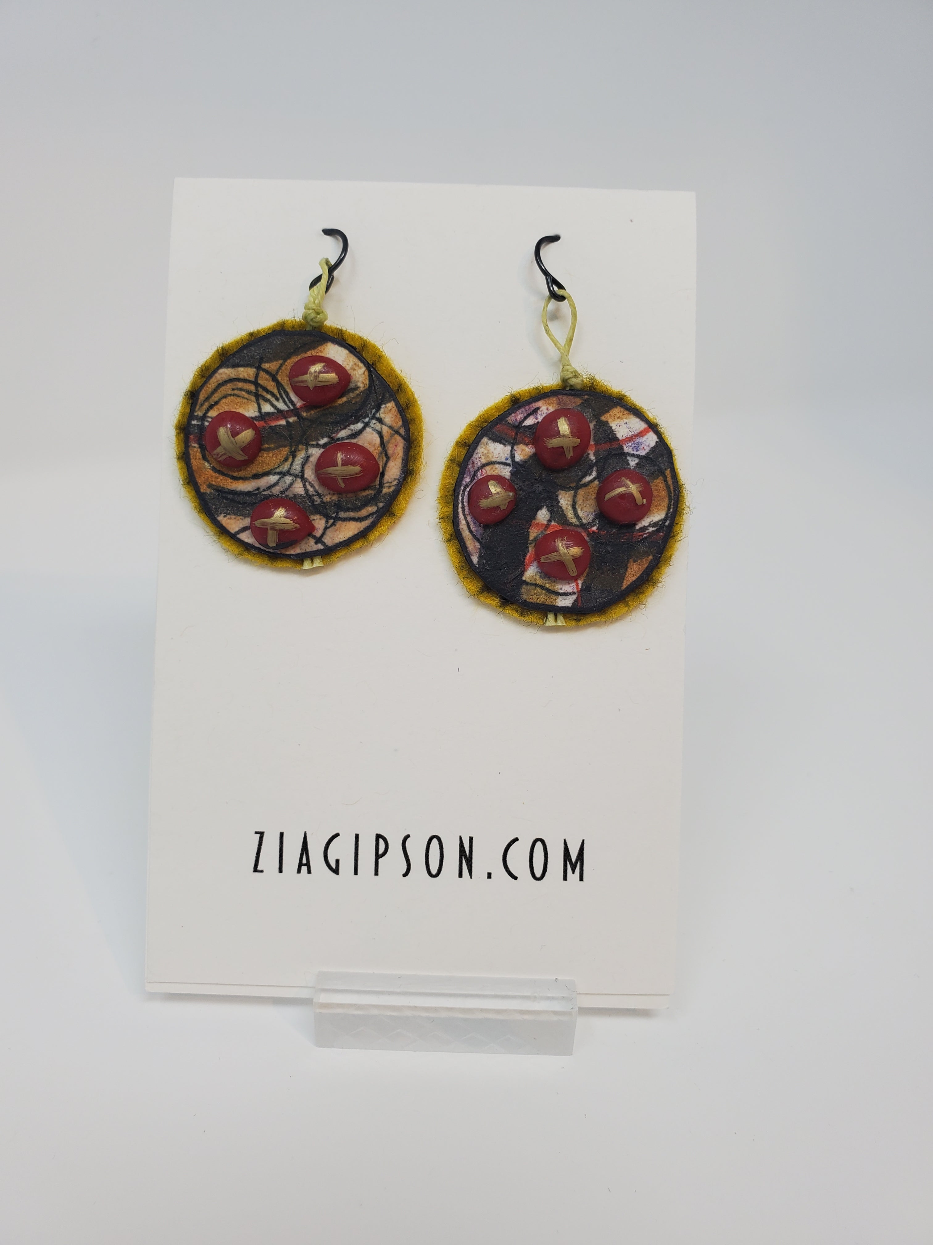  Yellow Back with Red Beads, Round Earrings by Zia Gipson 