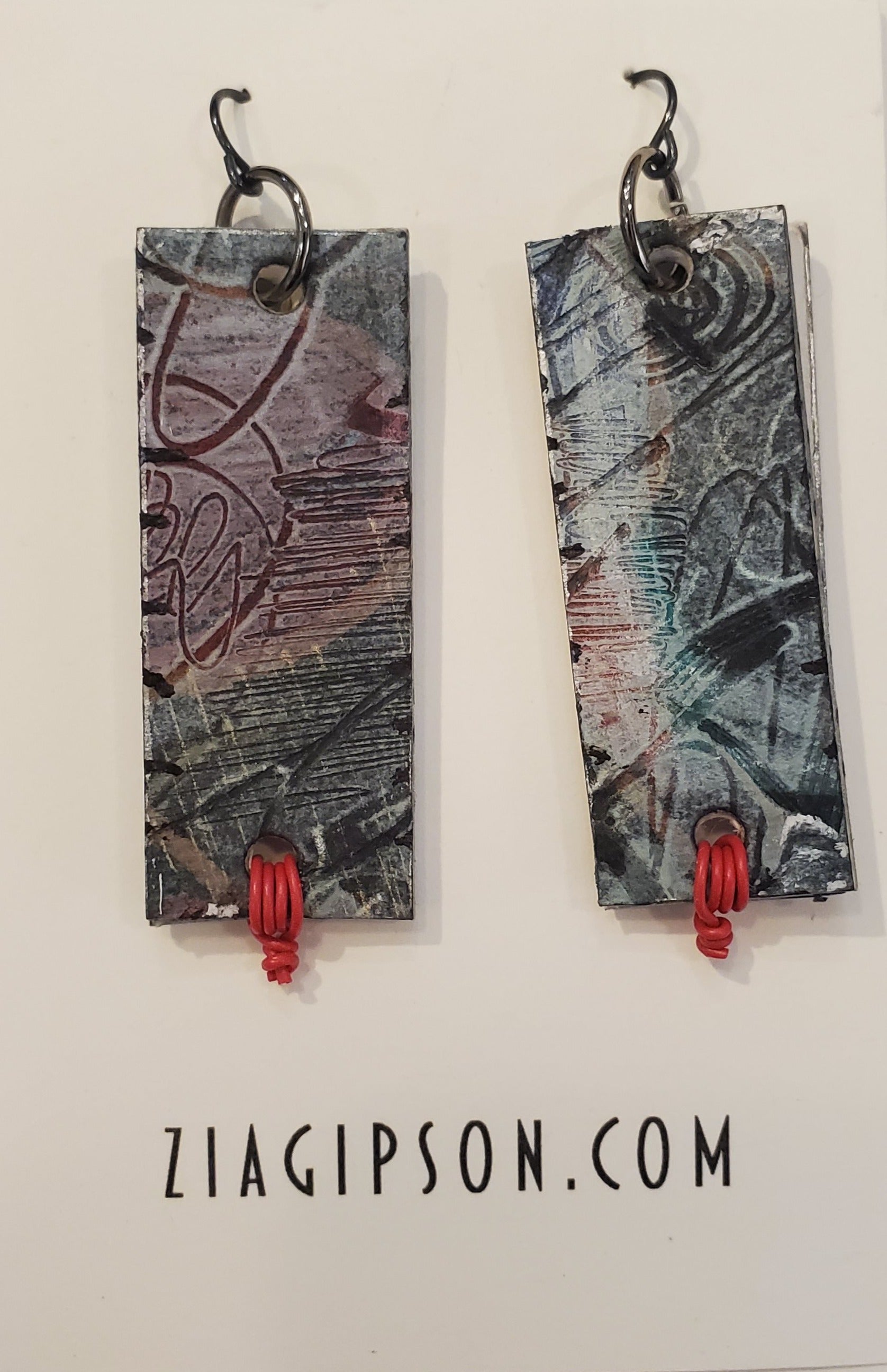  Grey Silver and Red Rectangle Earrings by Zia Gipson 