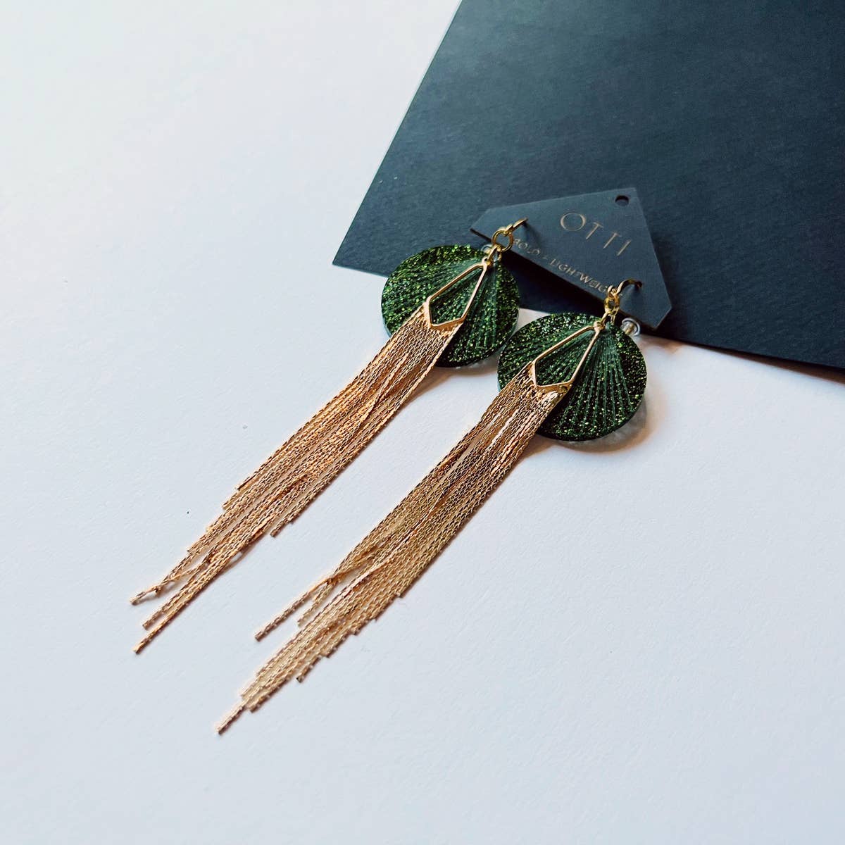  18K Gold Glamour Fringe earring: EMERALD glitter acrylic 