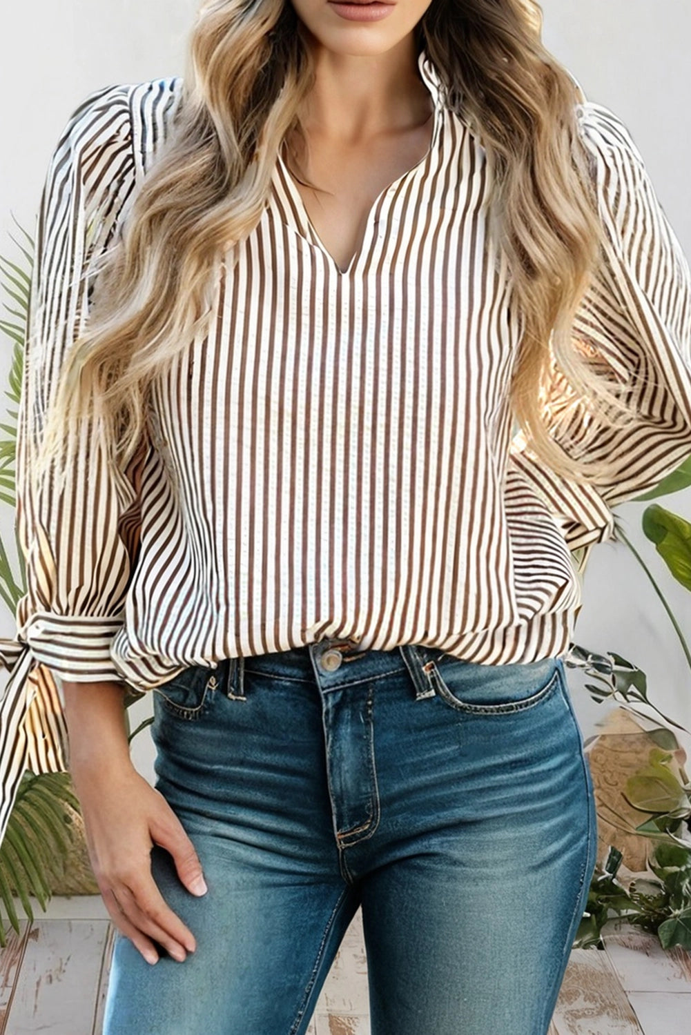 Striped Frill V Neck Knot Bracelet Sleeve Blouse