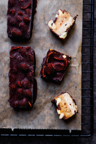 Homemade Vegan Chocolate Peanut Butter Snickers Bars on a Baking Rack, Top Angle