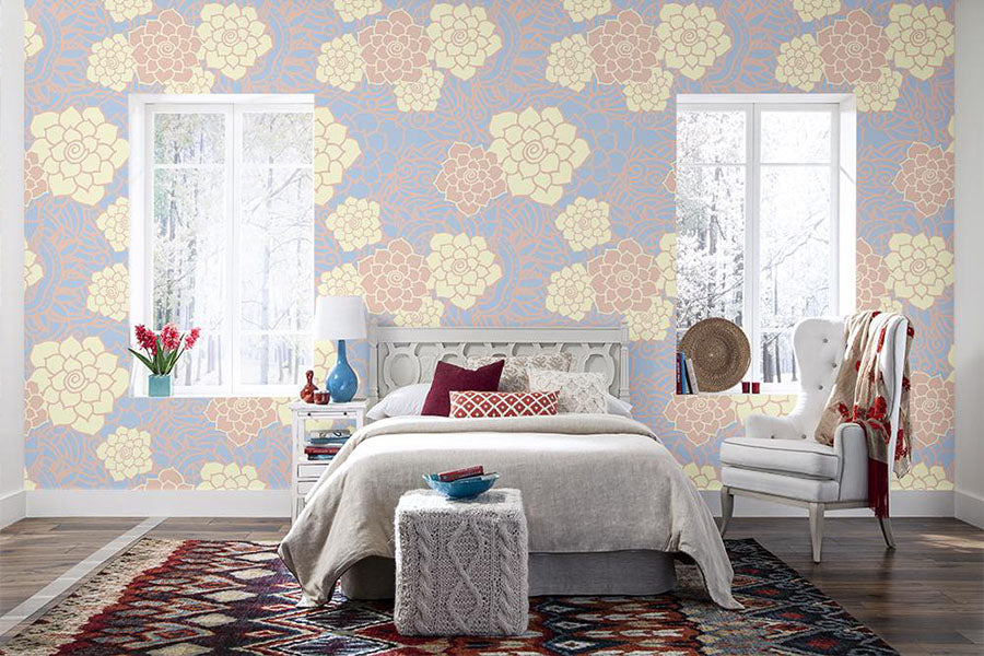 a bedroom featuring camden peel and stick wallpaper