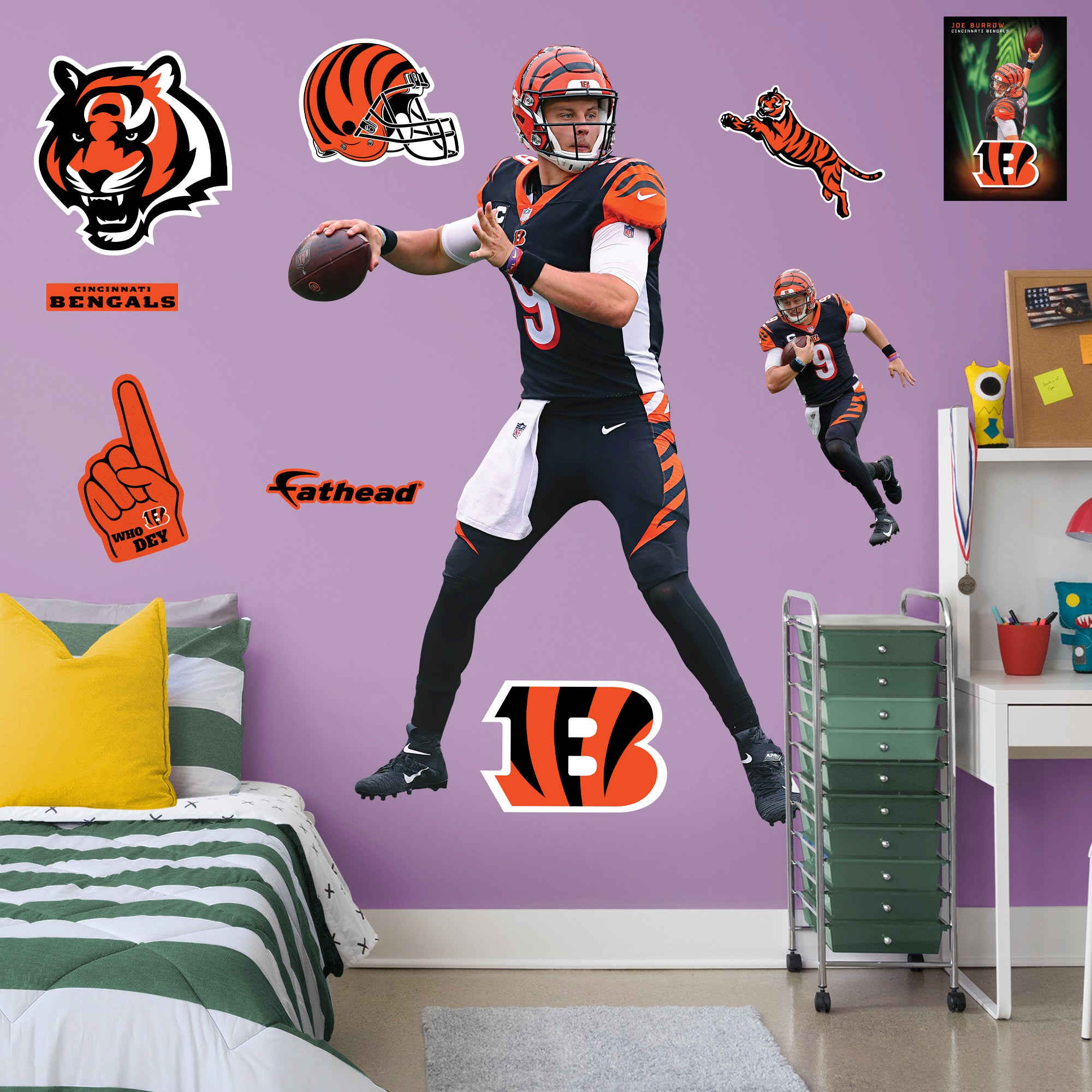 Joe Burrow: RealBig Officially Licensed NFL Removable Wall Decal Life-Size Athlete + 9 Decals by Fathead | Vinyl