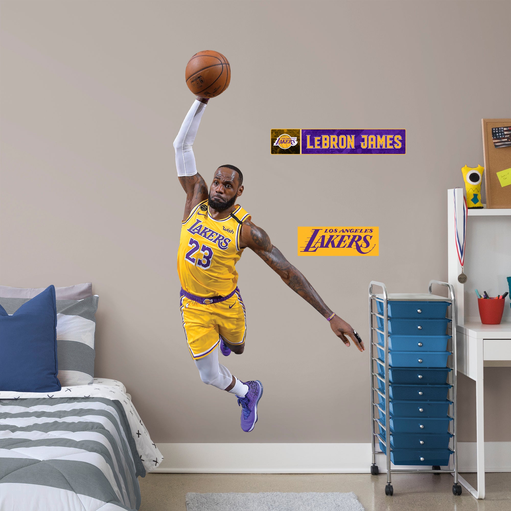 LeBron James for Los Angeles Lakers: Dunk - Officially Licensed NBA Removable Wall Decal Life-Size Athlete + 2 Decals by Fathead