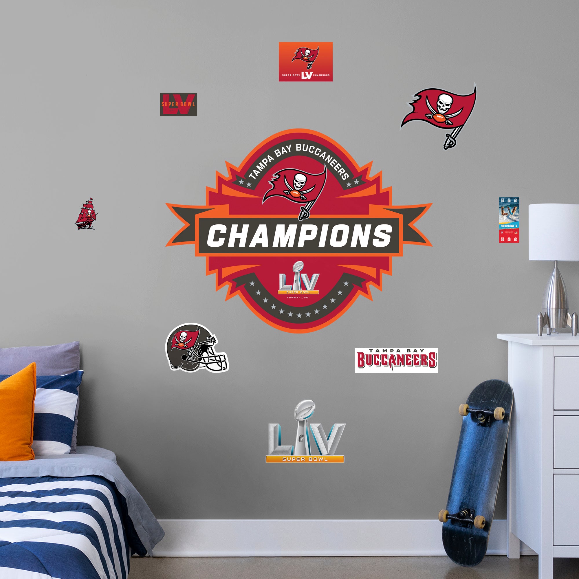 Tampa Bay Buccaneers Super Bowl 55 Champions Logo - Officially Licensed NFL Removable Wall Decal Giant Logo + 8 Decals (45.5"W x