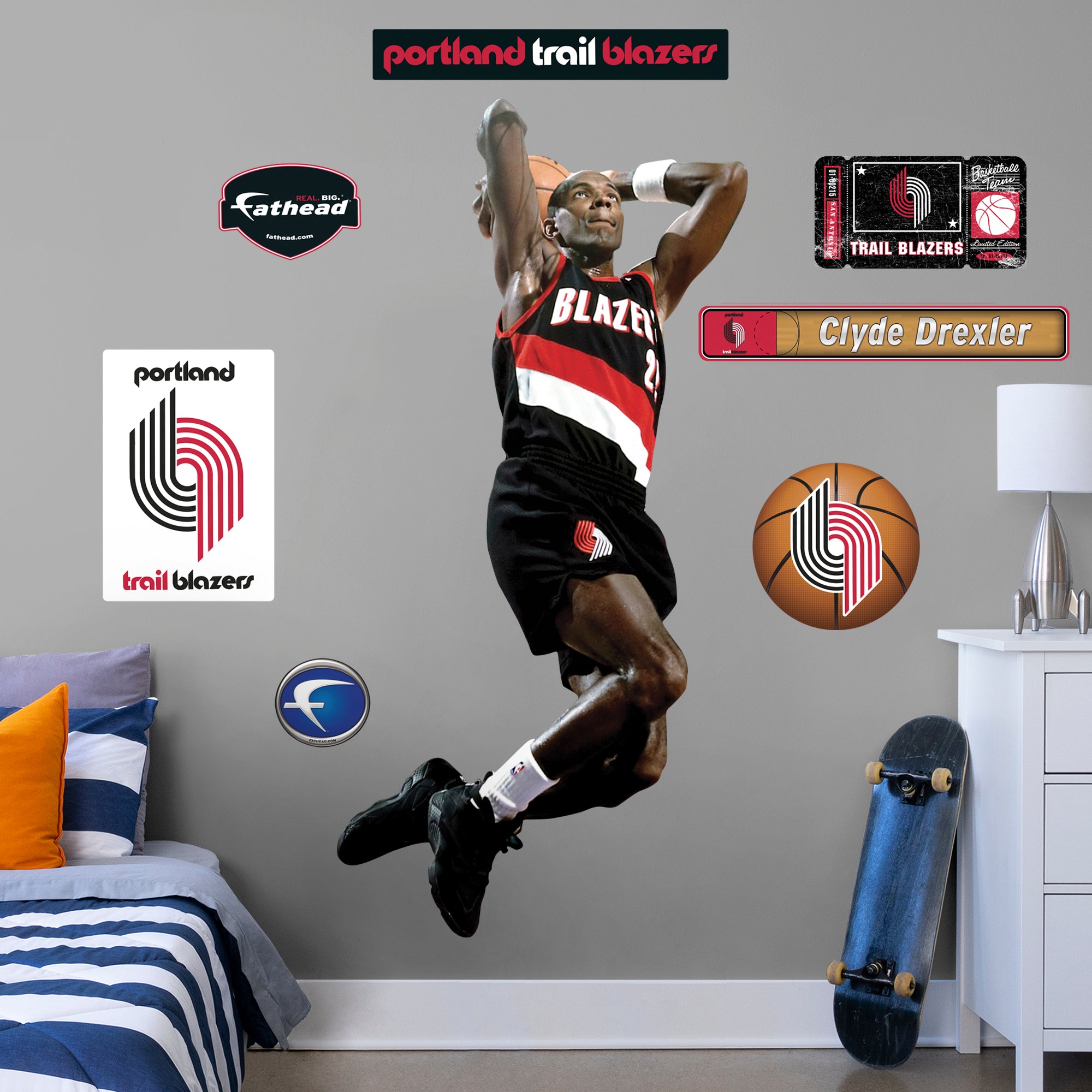 Clyde Drexler Legend - Officially Licensed NBA Removable Wall Decal Life-Size Athlete + 7 Decals (39"W x 80"H) by Fathead | Viny