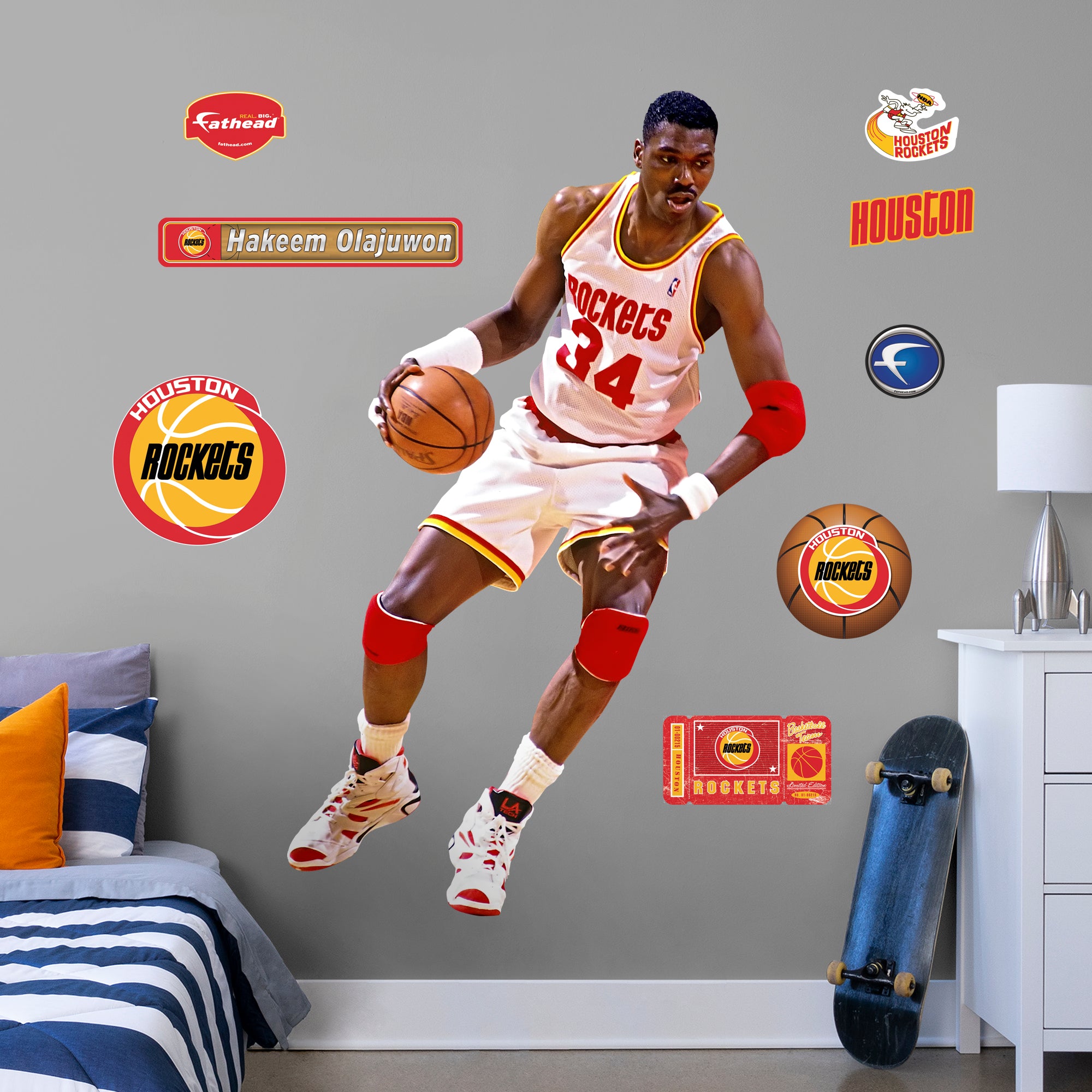 Hakeem Olajuwon Legend - Officially Licensed NBA Removable Wall Decal Life-Size Athlete + 8 Decals (49"W x 77"H) by Fathead | Vi