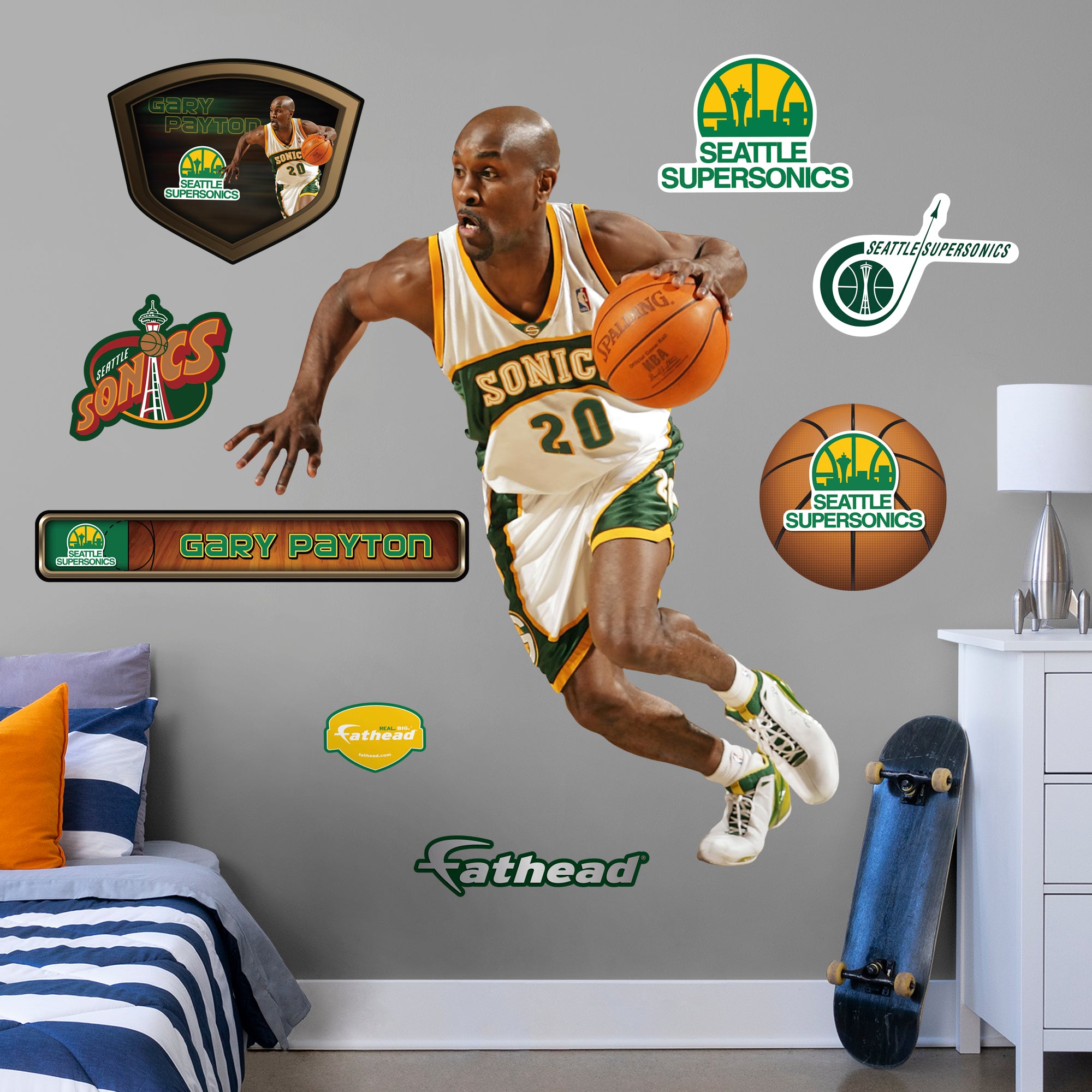 Gary Payton Legend - Officially Licensed NBA Removable Wall Decal Life-Size Athlete + 9 Decals (54"W x 67"H) by Fathead | Vinyl