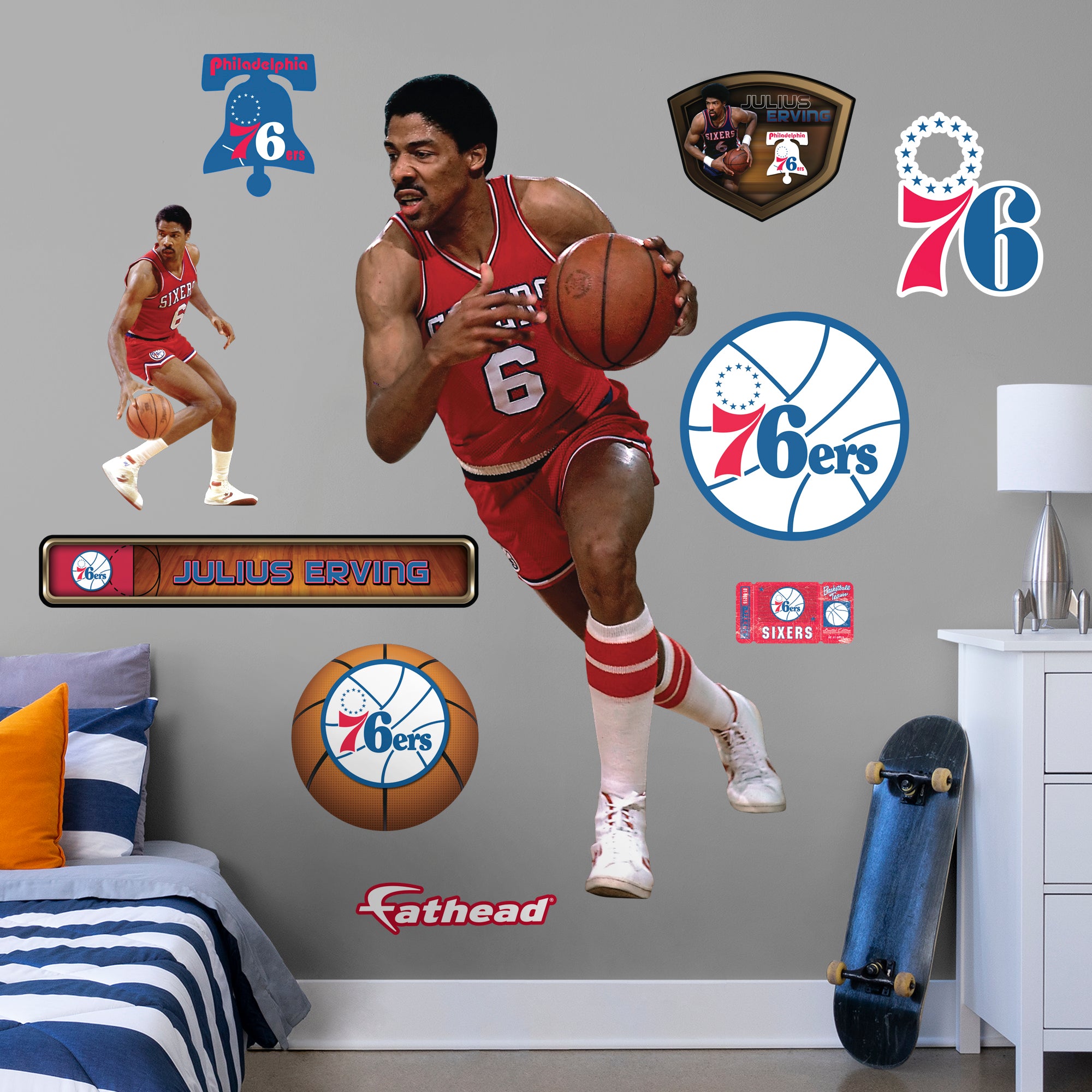 Julius Erving Legend - Officially Licensed NBA Removable Wall Decal Life-Size Athlete + 10 Decals (40"W x 76"H) by Fathead | Vin