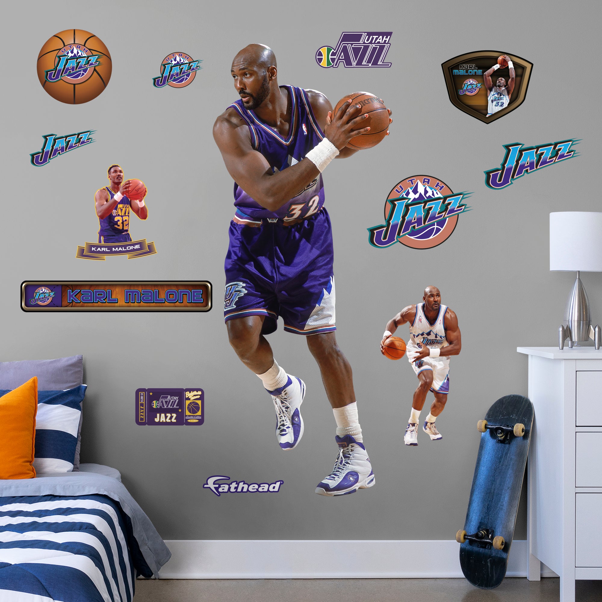 Karl Malone Legend - Officially Licensed NBA Removable Wall Decal Life-Size Athlete + 12 Decals (35"W x 82"H) by Fathead | Vinyl