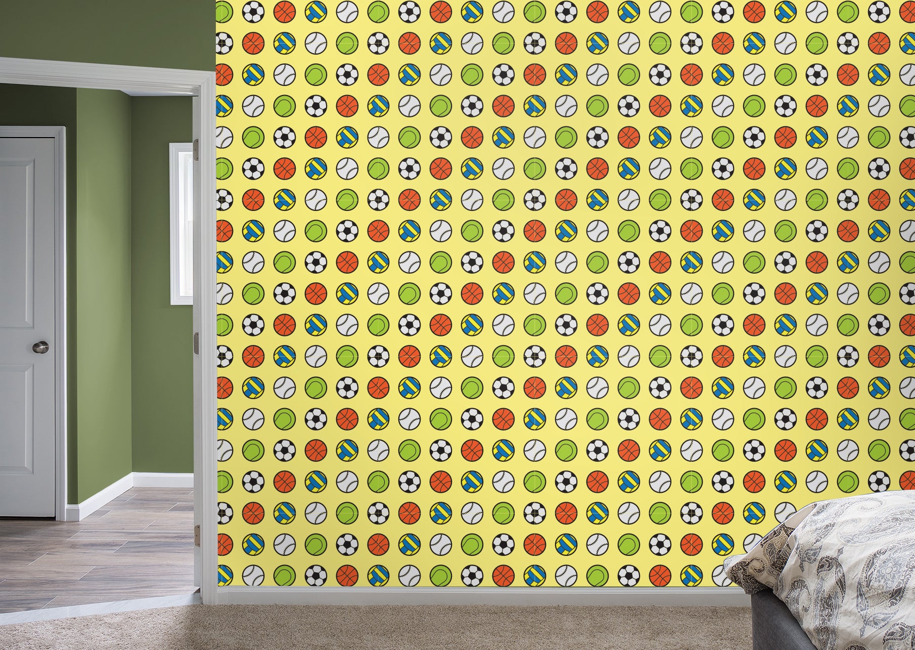 Calling All Sports for Sports & Activities - Yellow for Sports & Activities - Peel & Stick Wallpaper 12" x 12" Sample by Fathead