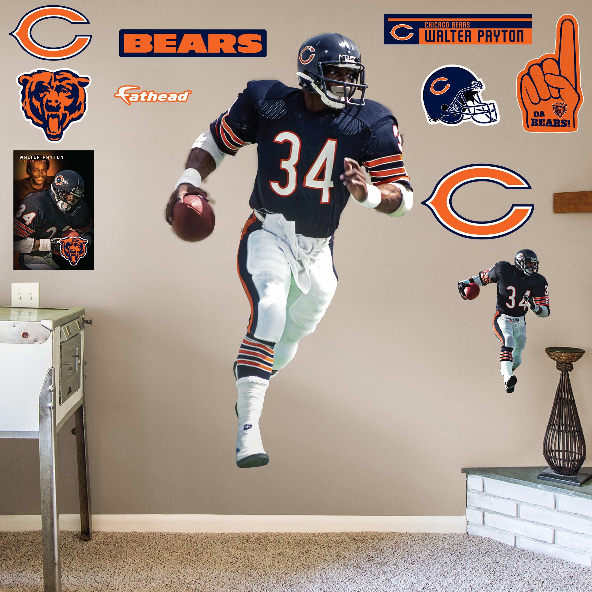 Walter Payton for Chicago Bears: Legend - Officially Licensed NFL Removable Wall Decal Life-Size Athlete + 9 Decals (44"W x 77"H