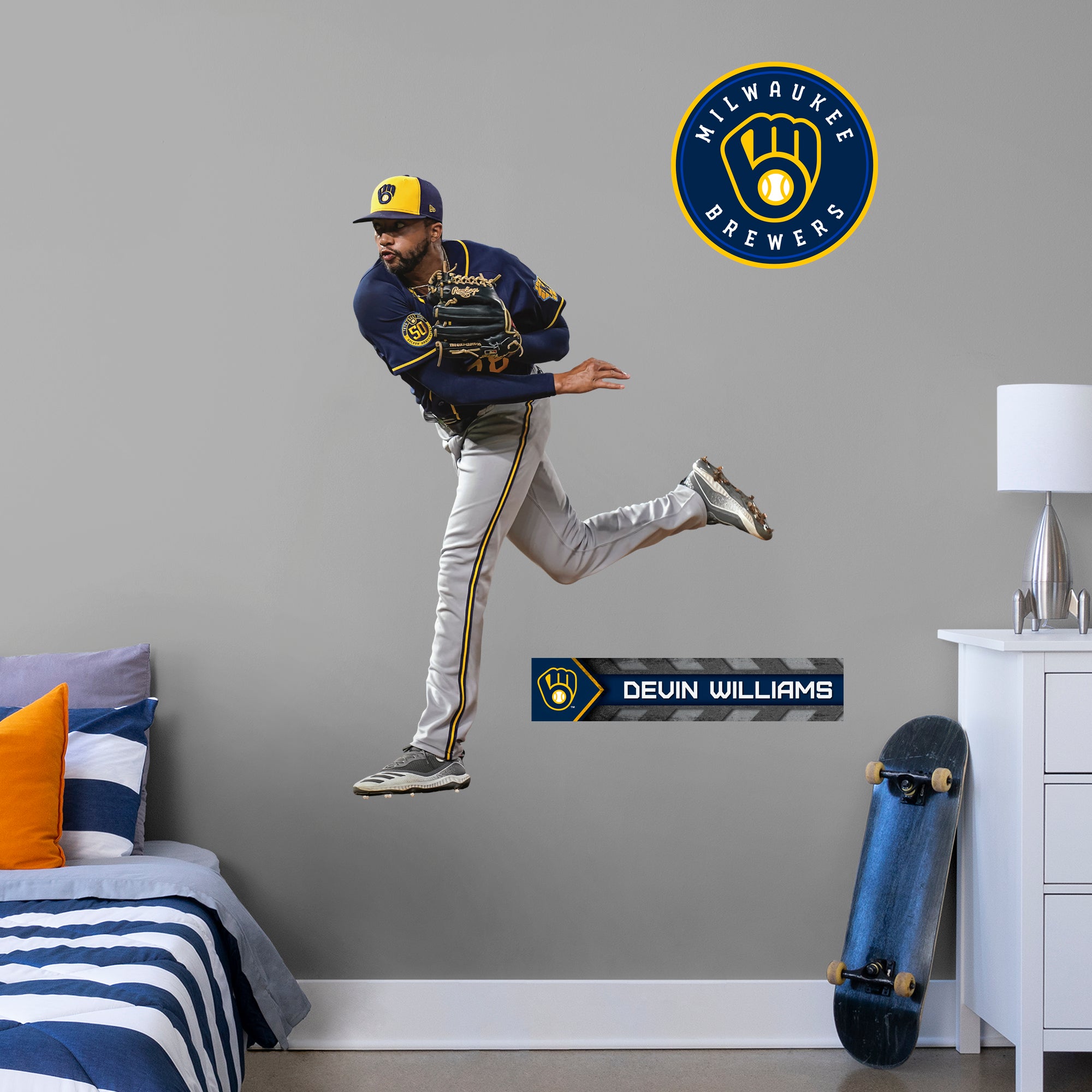 Devin Williams 2020 - Officially Licensed MLB Removable Wall Decal Giant Athlete + 2 Decals (51"W x 34"H) by Fathead | Vinyl