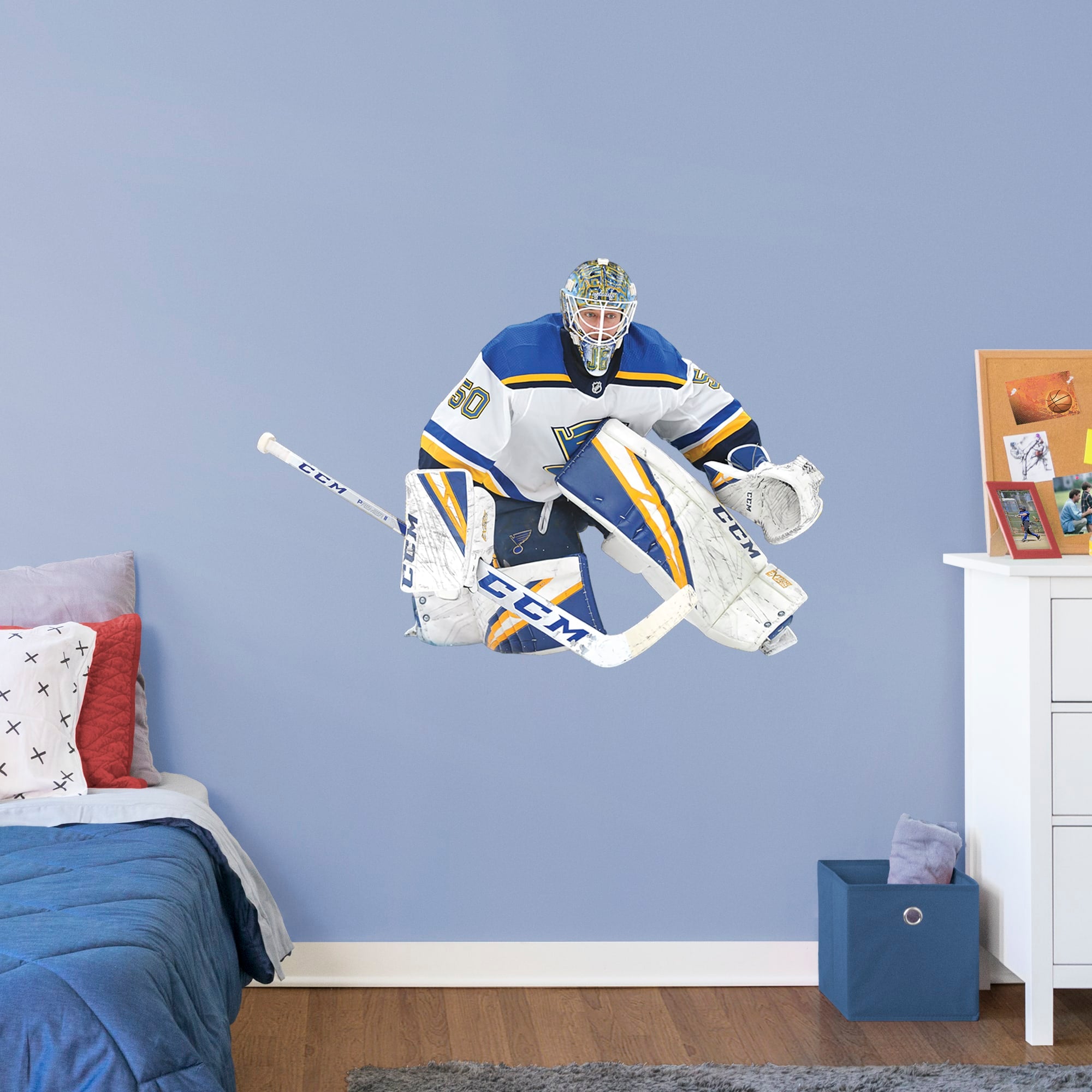 Jordan Binnington for St. Louis Blues - Officially Licensed NHL Removable Wall Decal Giant Athlete + 2 Team Decals (50"W x 36"H)