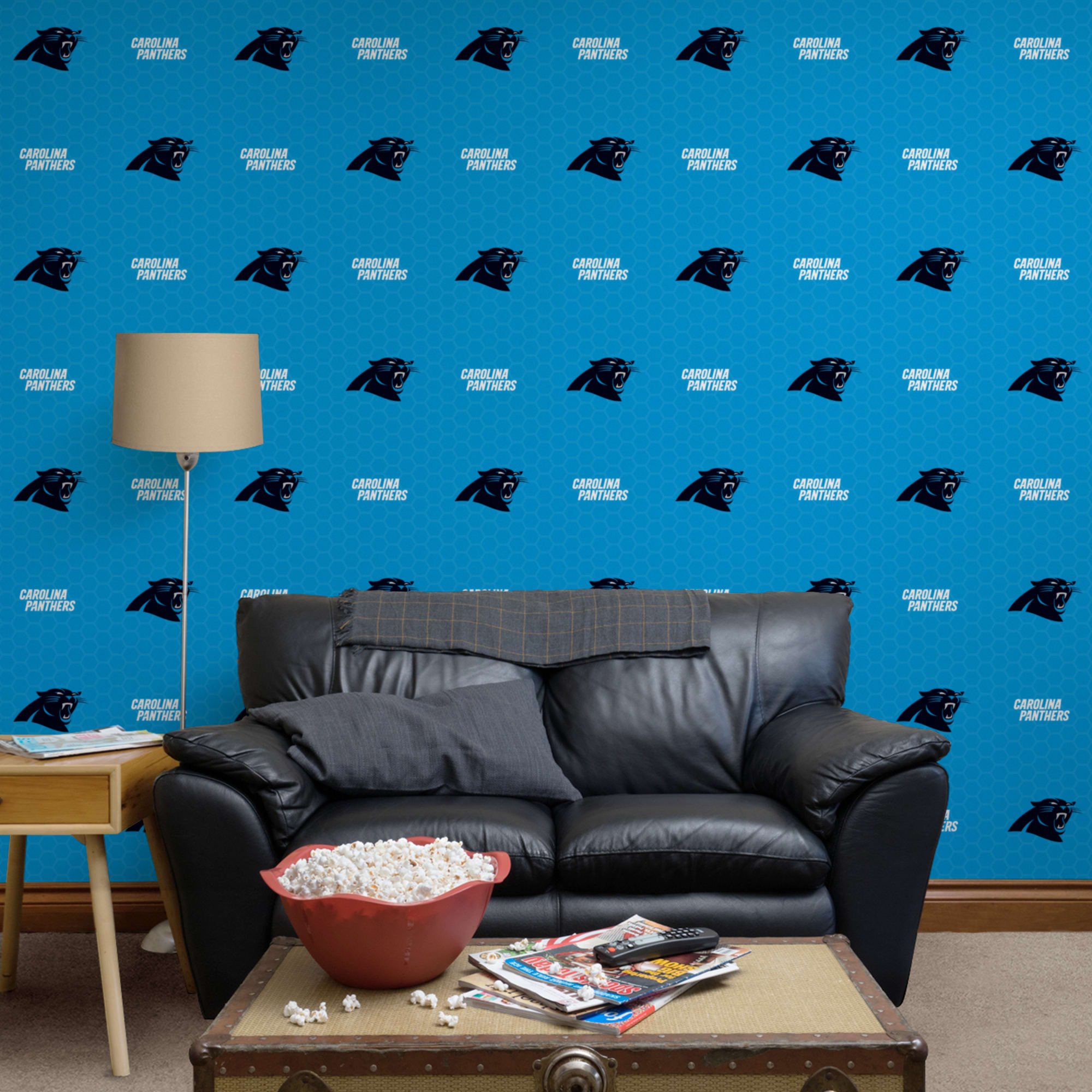 Carolina Panthers: Logo Pattern - Officially Licensed NFL Removable Wallpaper 12" x 12" Sample by Fathead