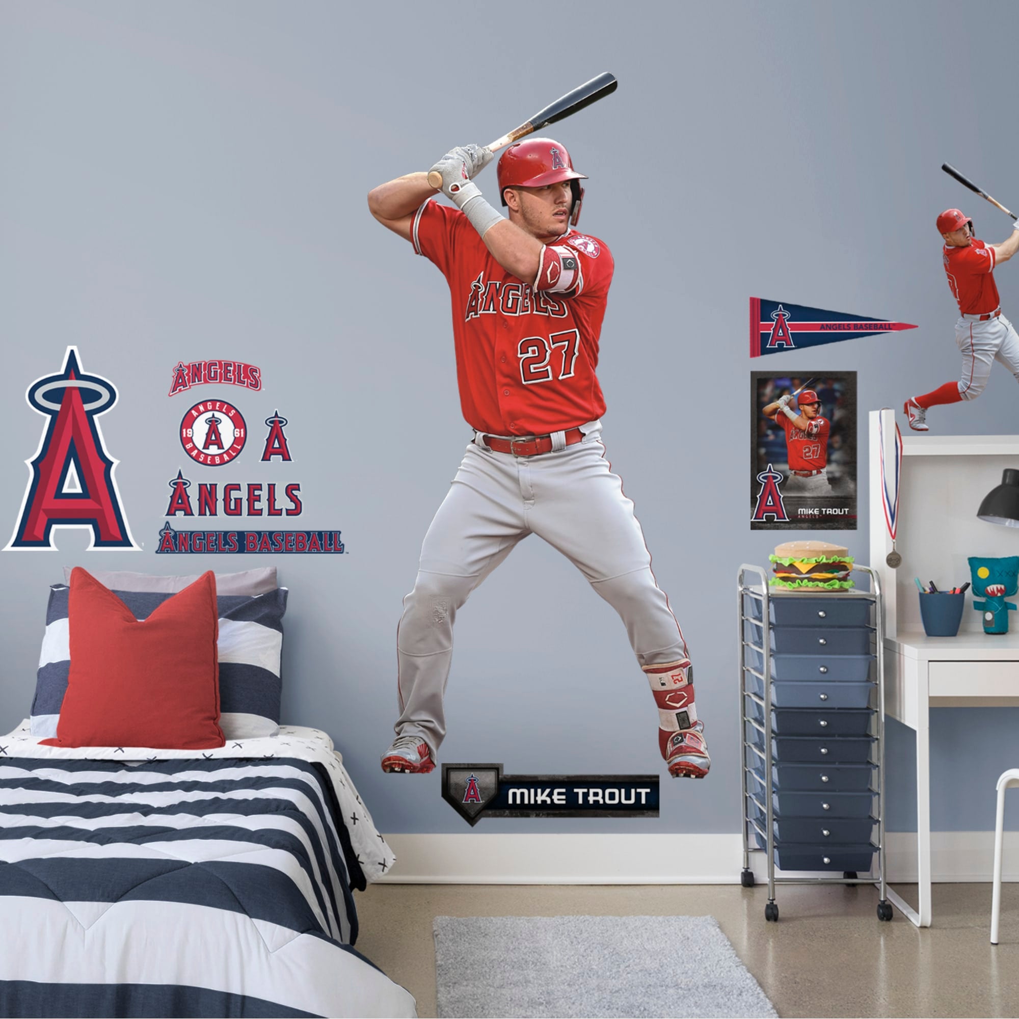 Mike Trout for LA Angels: At Bat - Officially Licensed MLB Removable Wall Decal Life-Size Athlete + 11 Decals (41"W x 84"H) by F