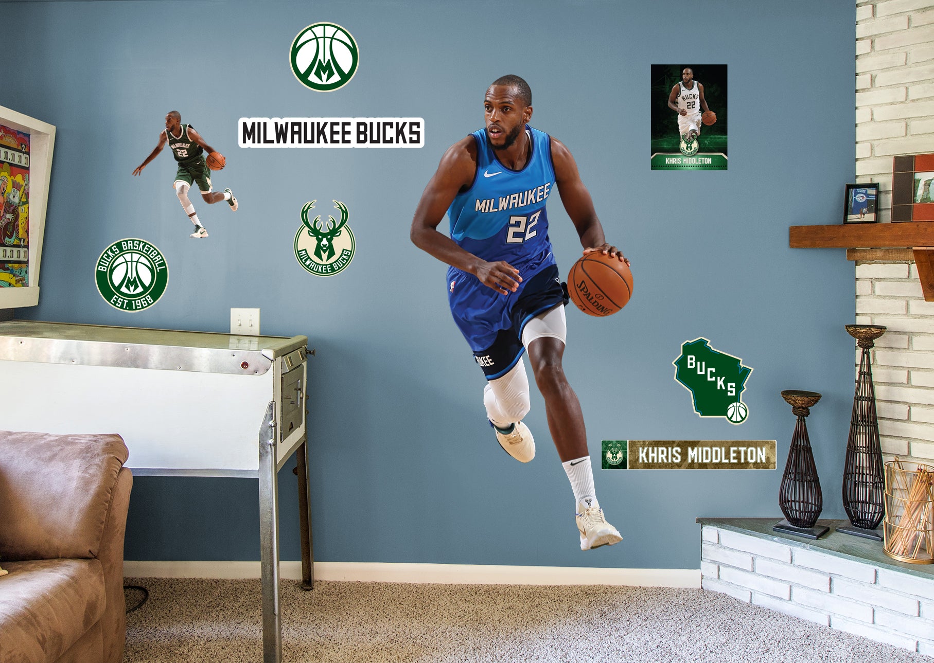 Khris Middleton 2021 Blue Jersey for Milwaukee Bucks - Officially Licensed NBA Removable Wall Decal Life-Size Athlete + 8 Decals