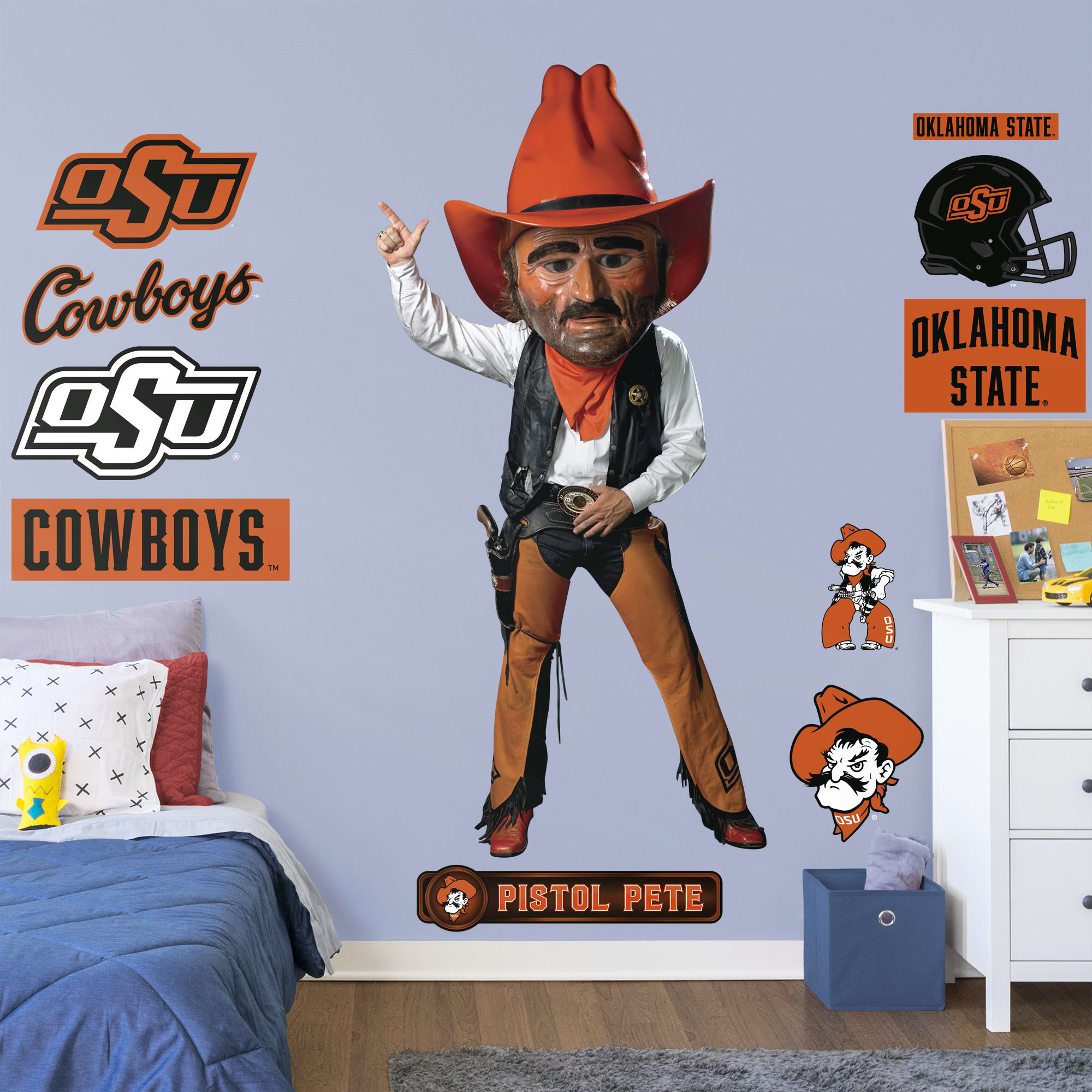 Oklahoma State Cowboys: Pistol Pete Mascot - Officially Licensed Removable Wall Decal Life-Size Character + 10 Decals (58"W x 30