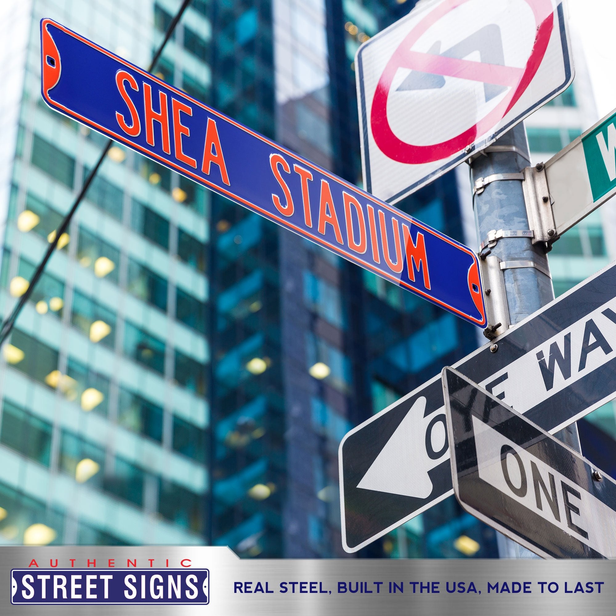 New York Mets Steel Street Sign-SHEA STADIUM on Blue 36" W x 6" H by Fathead