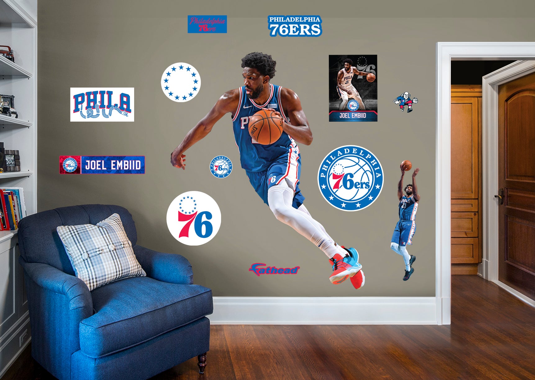 Joel Embiid 2021 for Philadelphia 76ers - Officially Licensed NBA Removable Wall Decal Life-Size Athlete + 12 Decals (60"W x73"H