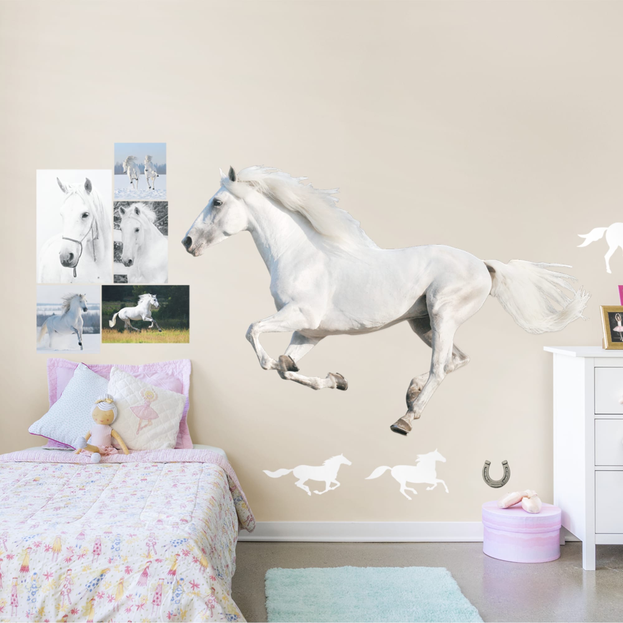 White Horse Running - Removable Vinyl Decal Huge Animal + 12 Decals (81"W x 54"H) by Fathead
