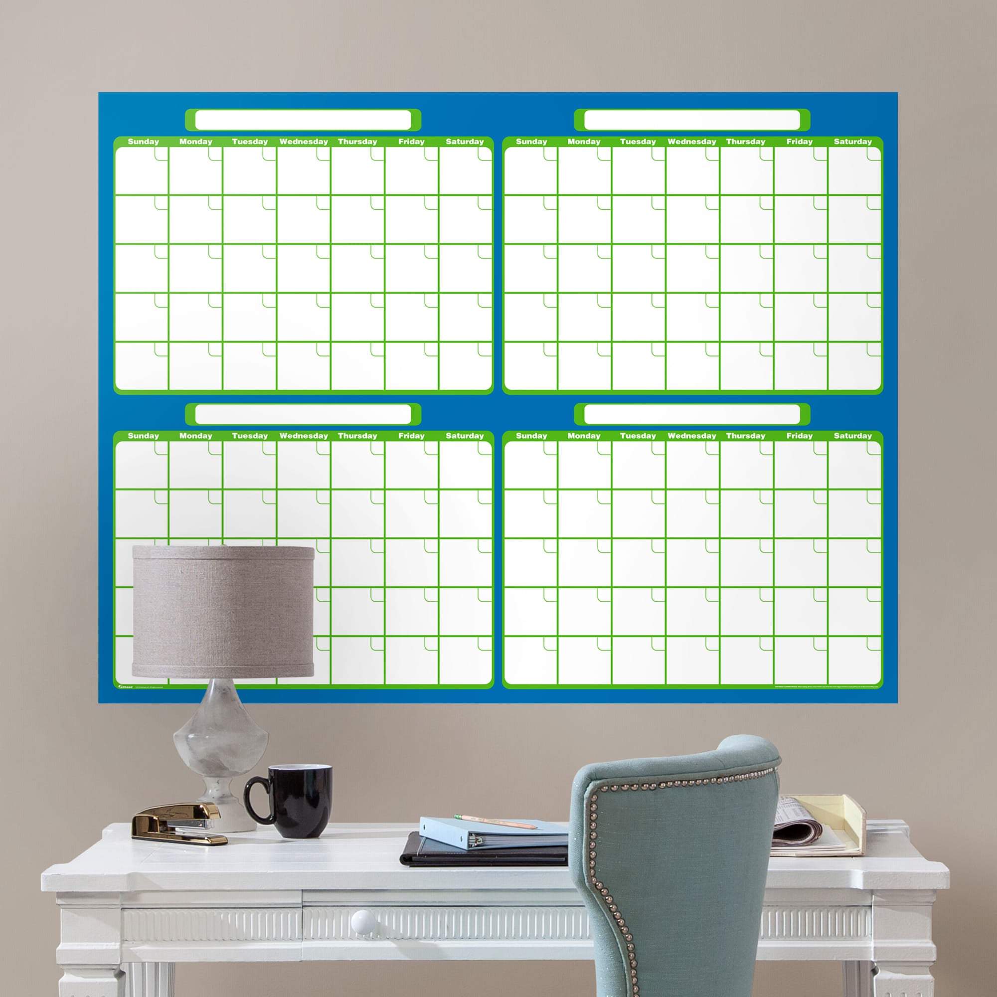 Four Month Calendar - Removable Dry Erase Vinyl Decal in Royal Blue/Green (52"Wx39.5"H) by Fathead