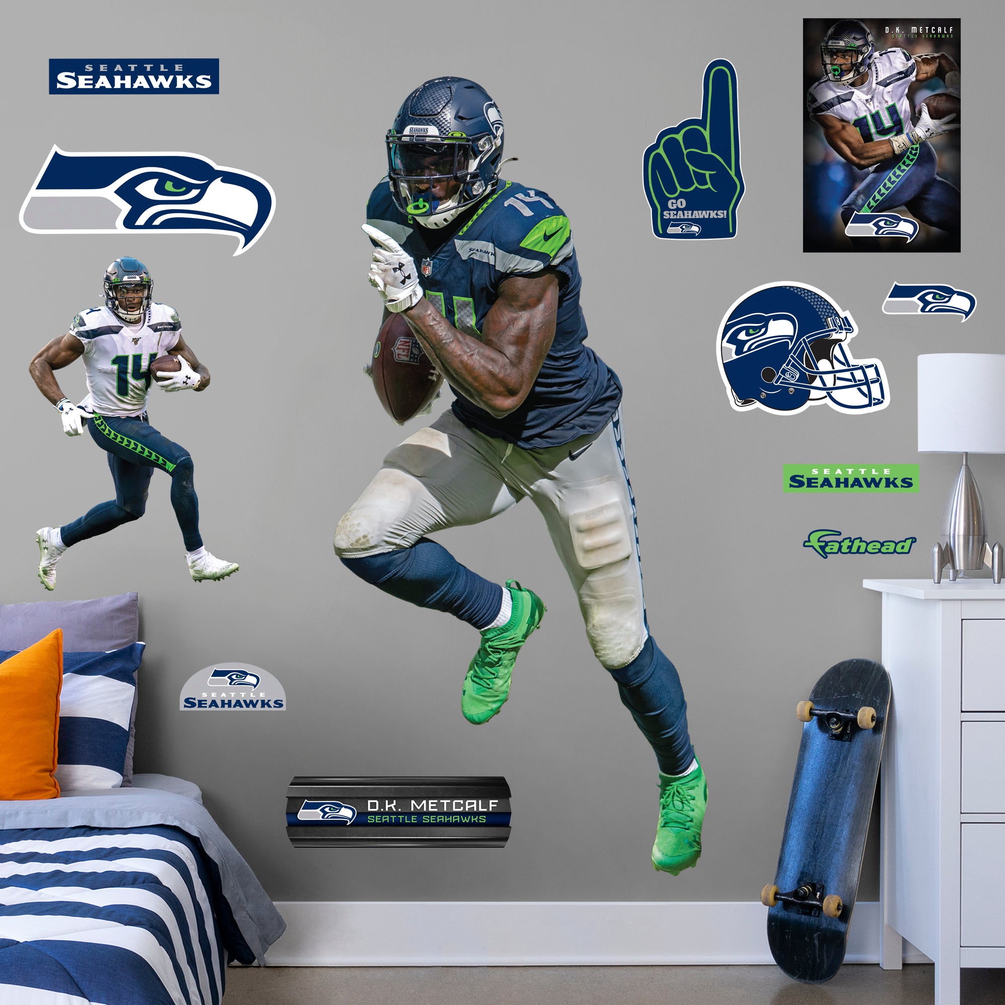 D.K. Metcalf 2020 - Officially Licensed NFL Removable Wall Decal Life-Size Athlete + 11 Decals (36.5"W x 78"H) by Fathead | Viny