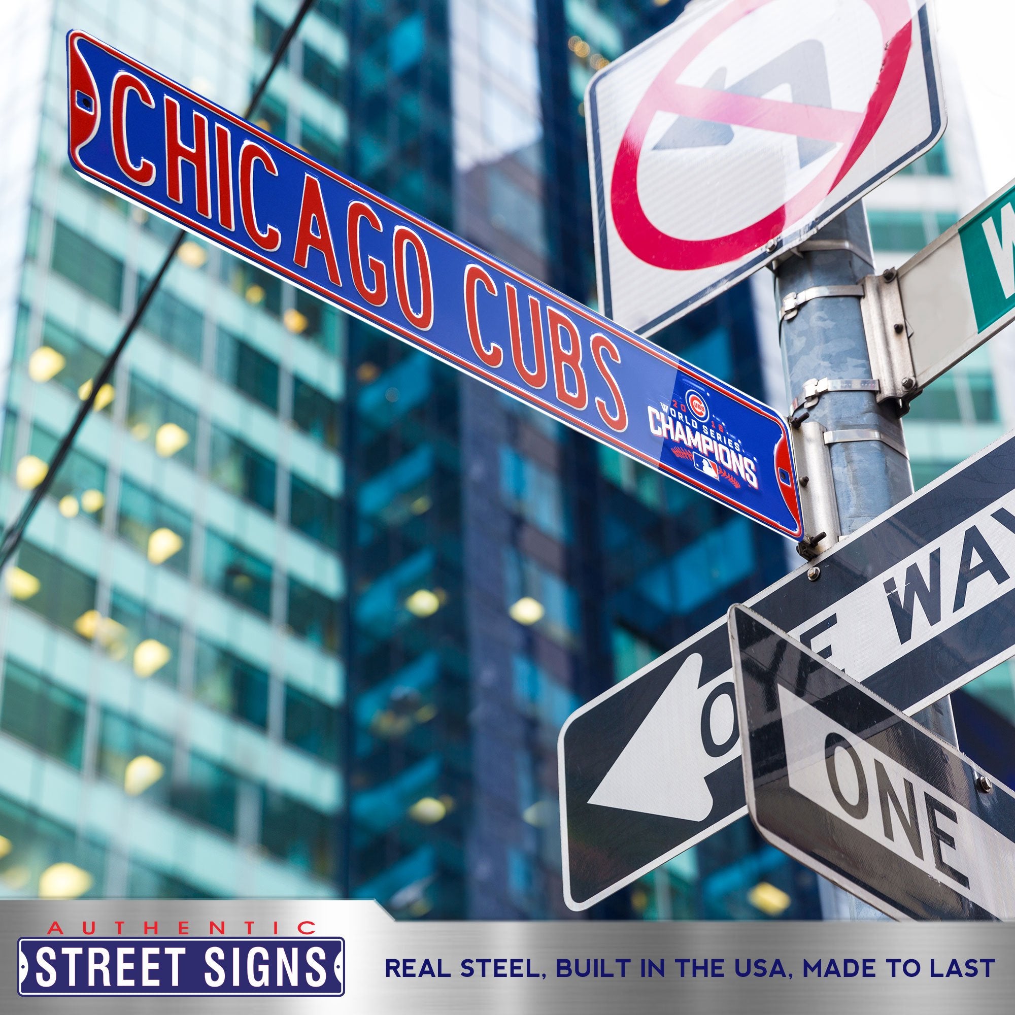 Chicago Cubs Steel Street Sign with Logo-CHICAGO CUBS WS 2016 Champions 36" W x 6" H by Fathead