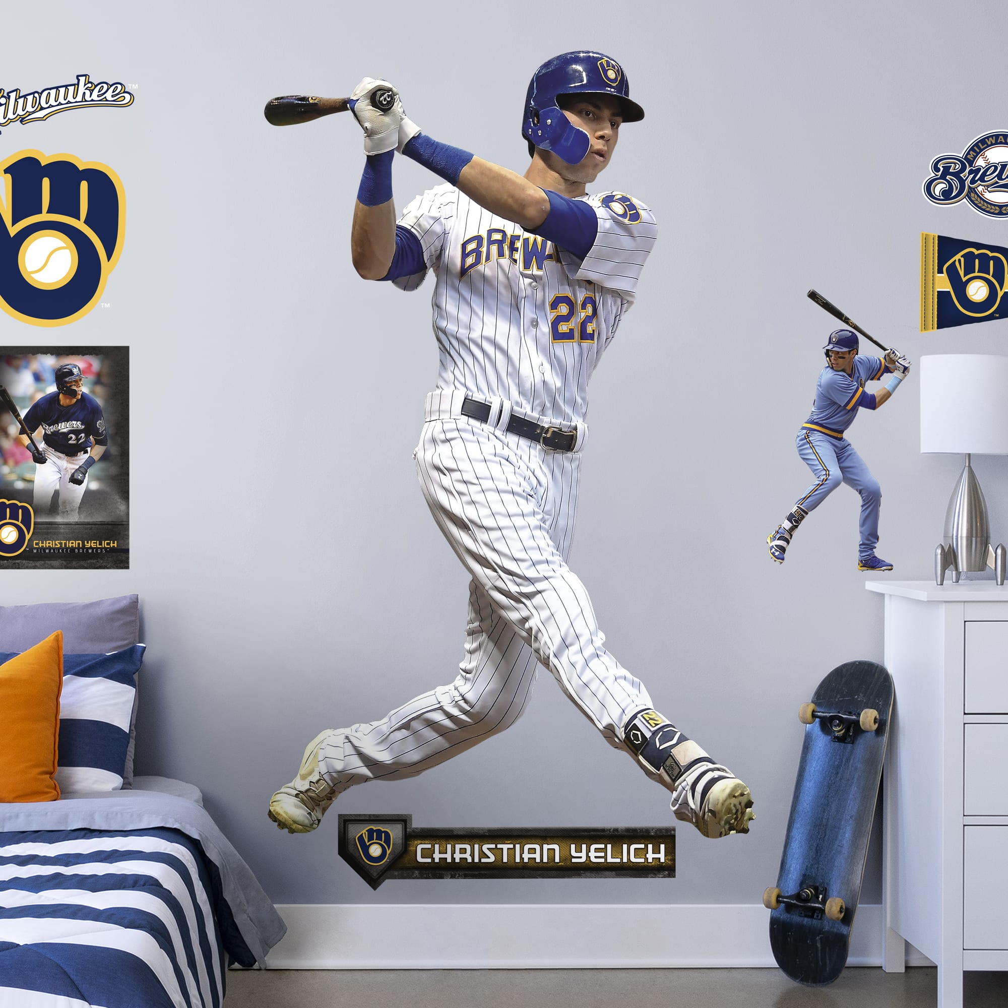Christian Yelich for Milwaukee Brewers - Officially Licensed MLB Removable Wall Decal Life-Size Athlete + 12 Decals (48"W x 78"H