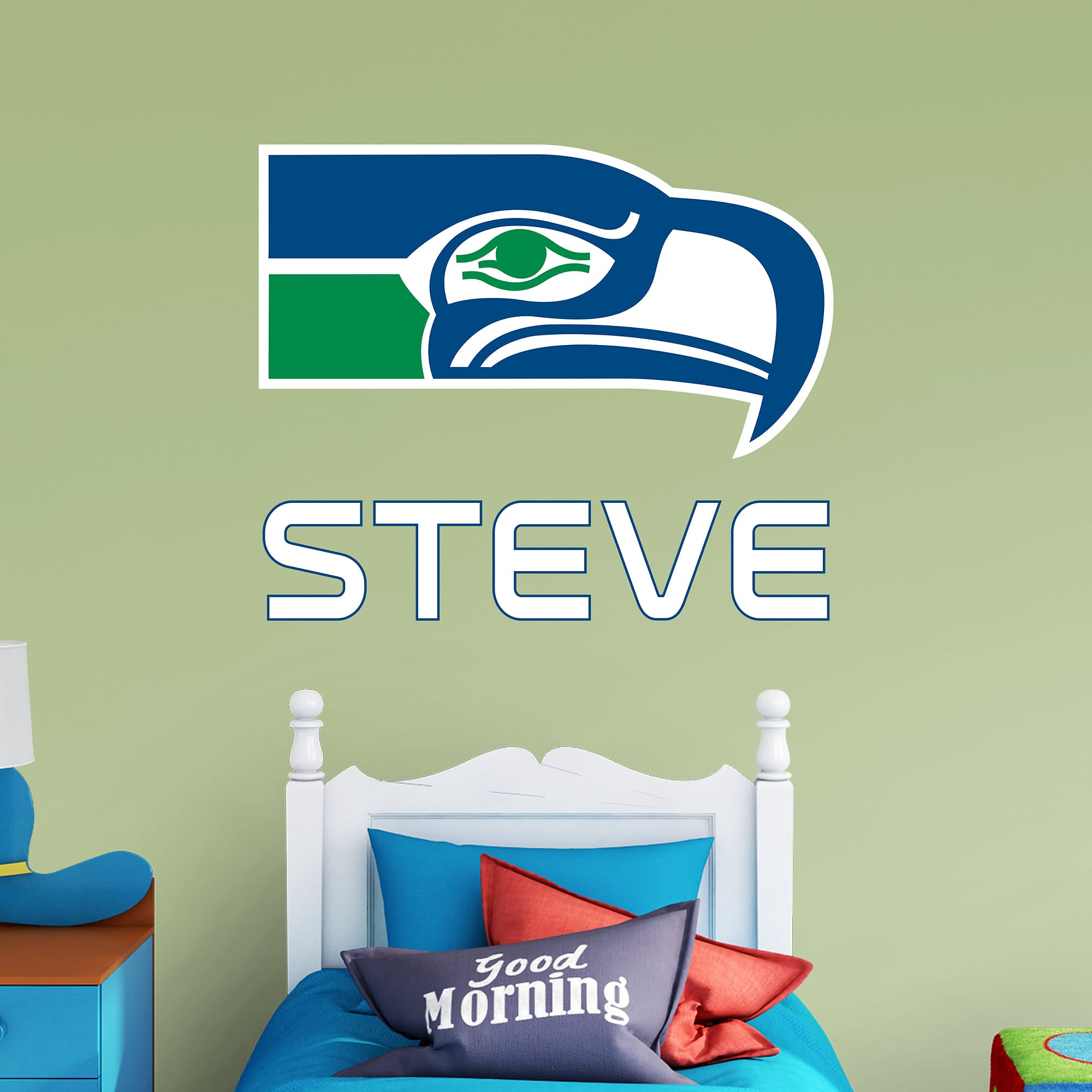 Seattle Seahawks: Classic Stacked Personalized Name - Officially Licensed NFL Transfer Decal in White (52"W x 39.5"H) by Fathead