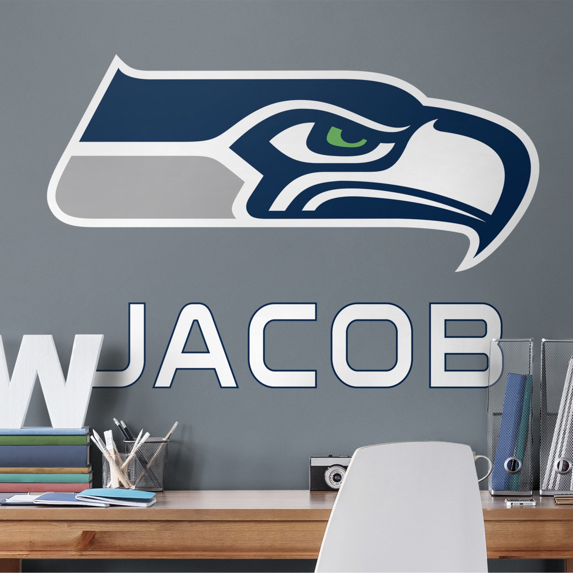 Seattle Seahawks: Stacked Personalized Name - Officially Licensed NFL Transfer Decal in White (52"W x 39.5"H) by Fathead | Vinyl