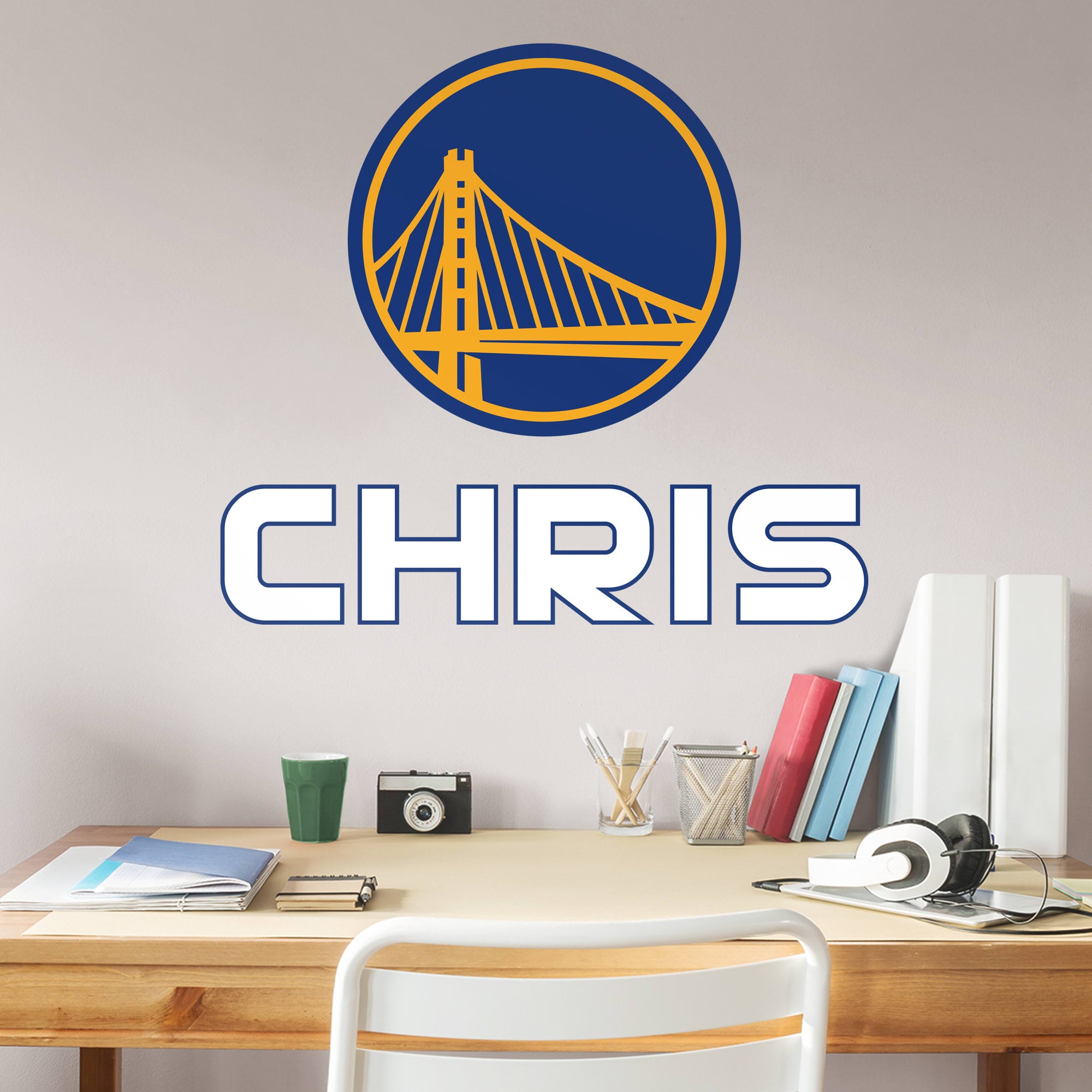 Golden State Warriors: Logo Stacked Personalized Name - Officially Licensed NBA Transfer Decal in White (23"W x 23"H) by Fathead