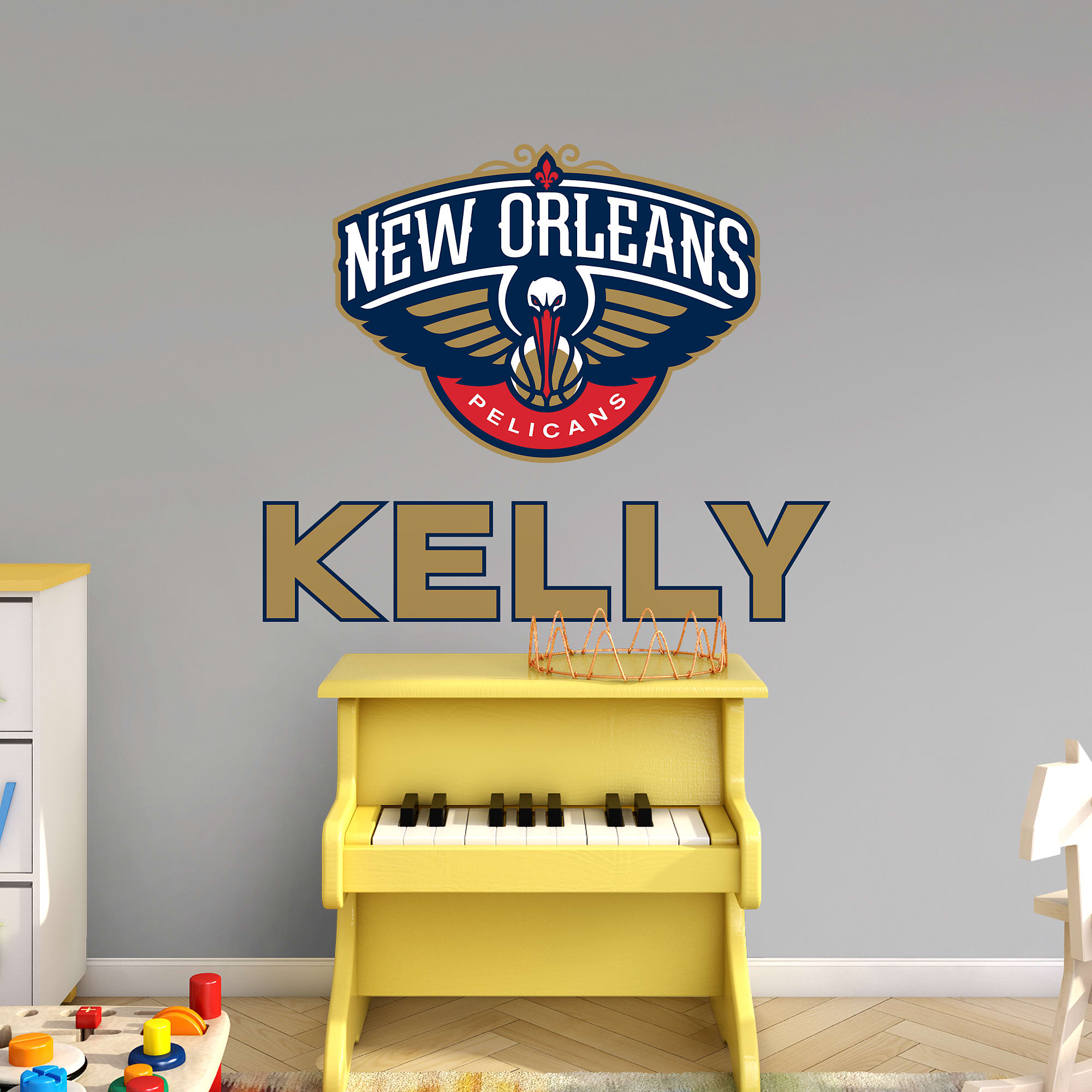 New Orleans Pelicans: Stacked Personalized Name - Officially Licensed NBA Transfer Decal in Gold (52"W x 39.5"H) by Fathead | Vi