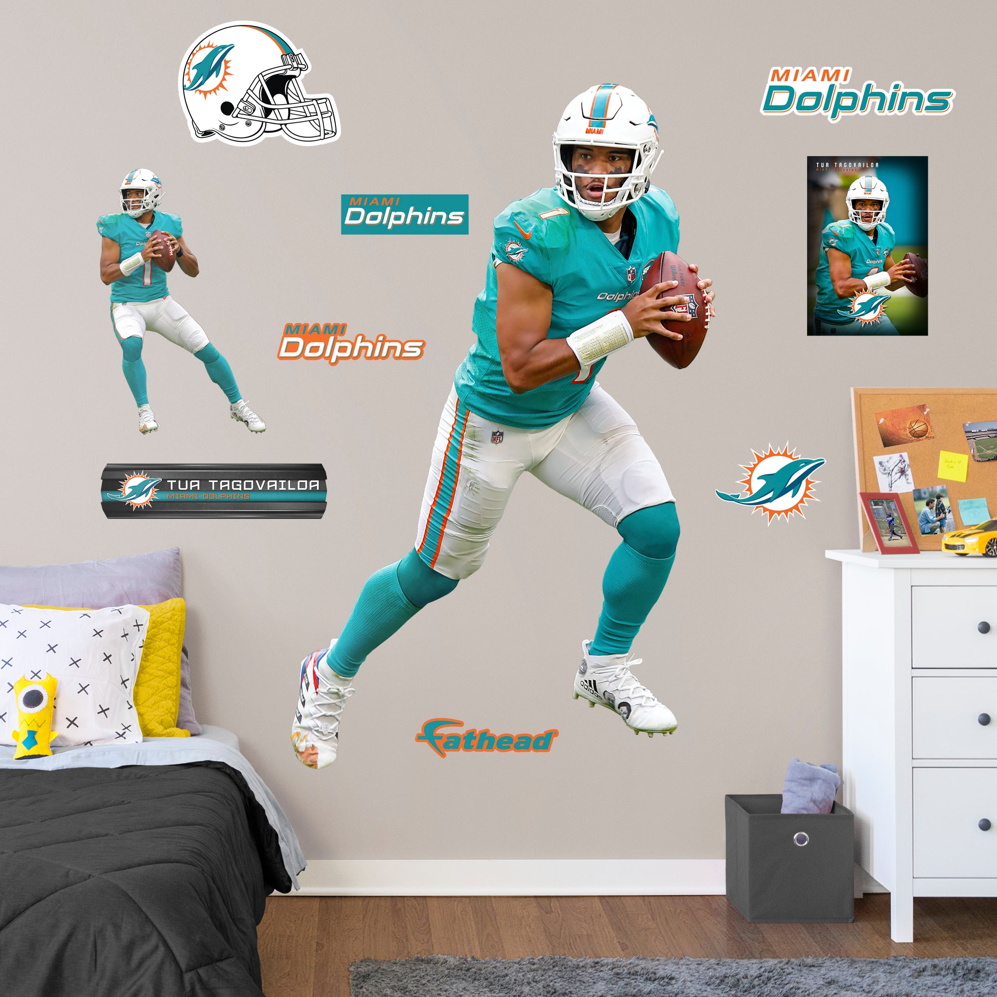 Tua Tagovailoa 2020 Aqua Jersey - Officially Licensed NFL Removable Wall Decal Life-Size Athlete + 9 Decals (47"W x 76"H) by Fat