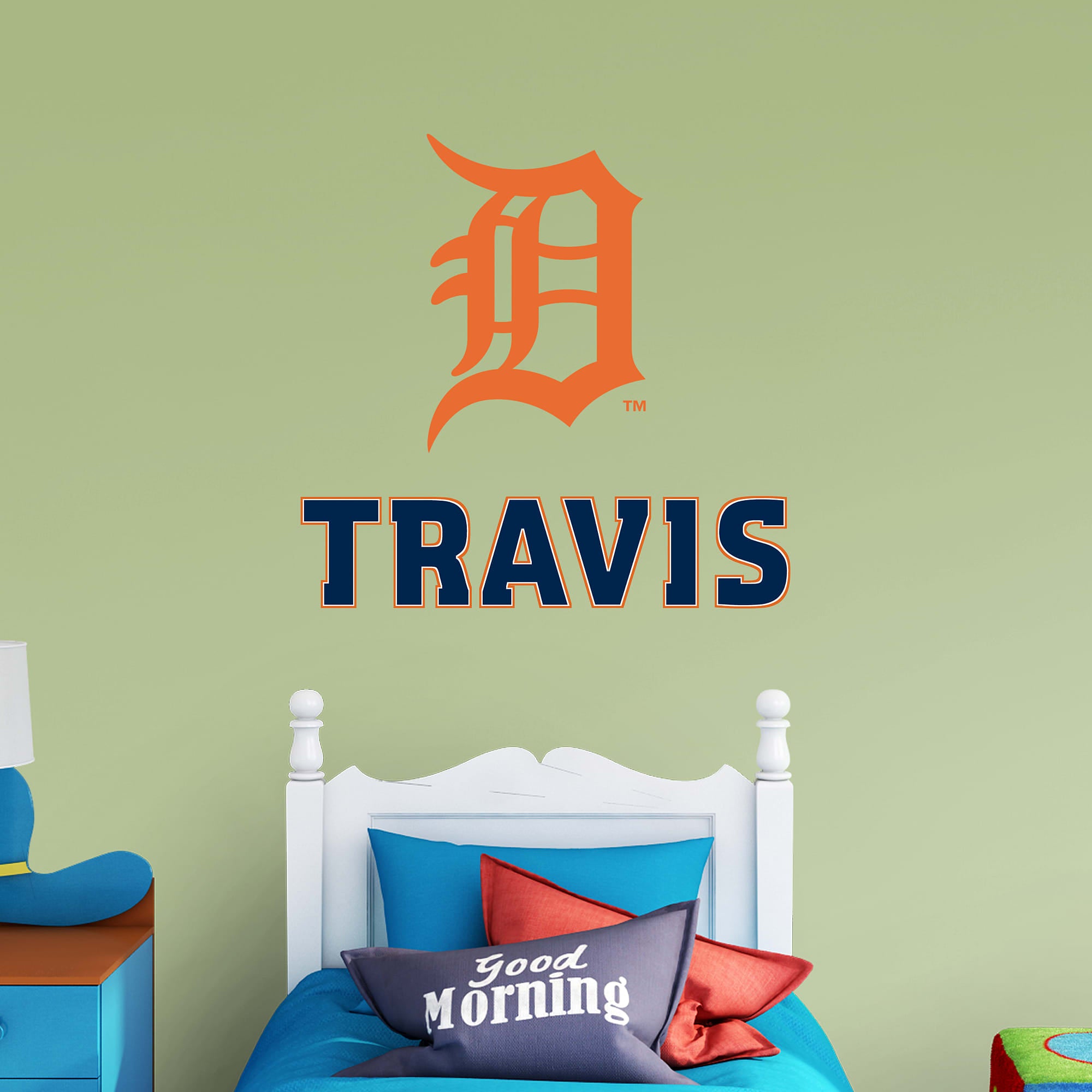 Detroit Tigers: Old English "D" Stacked Personalized Name - Officially Licensed MLB Transfer Decal in Orange/Navy (52"W x 39.5"H