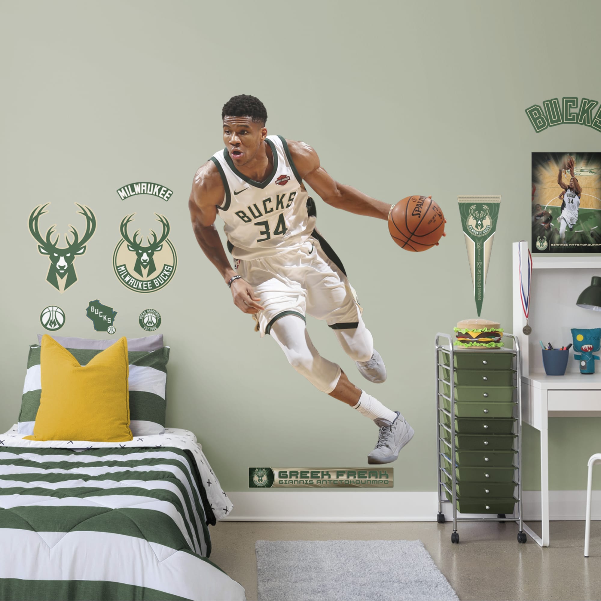 Giannis Antetokounmpo for Milwaukee Bucks - Officially Licensed NBA Removable Wall Decal Life-Size Athlete + 11 Decals (53"W x 7