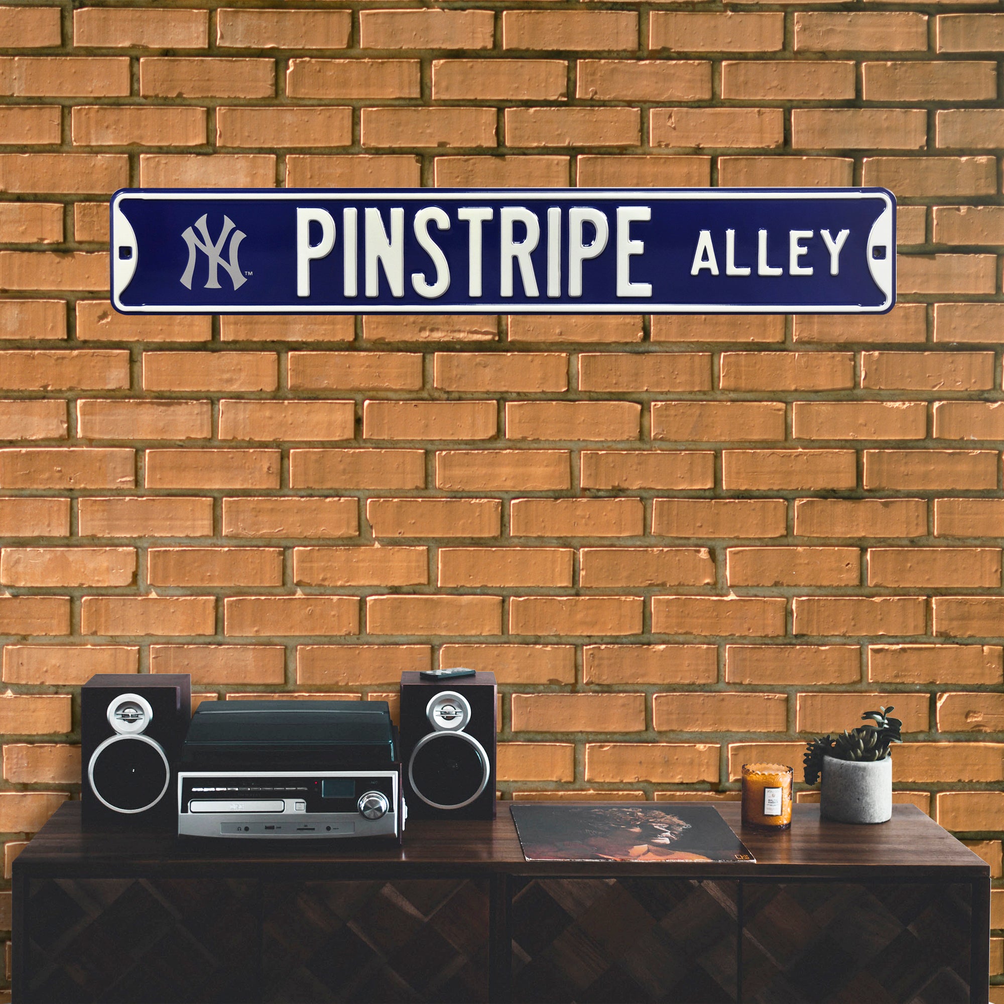 New York Yankees Steel Street Sign with Logo-PINSTRIPE ALLEY w/NY Logo 36" W x 6" H by Fathead