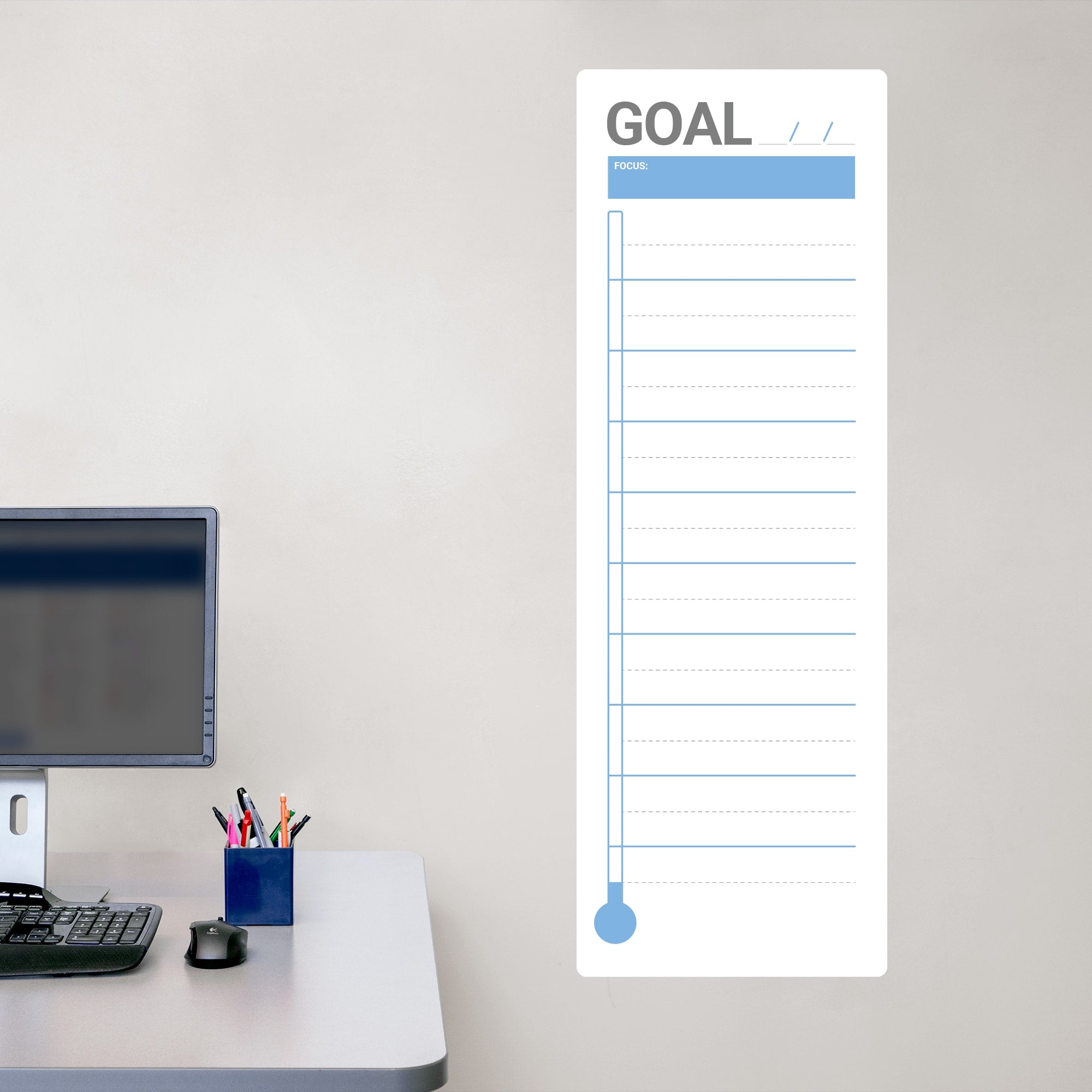 Goal Thermometer: Minamalist Design - Removable Dry Erase Vinyl Decal in Blue (42"W x 14"H) by Fathead