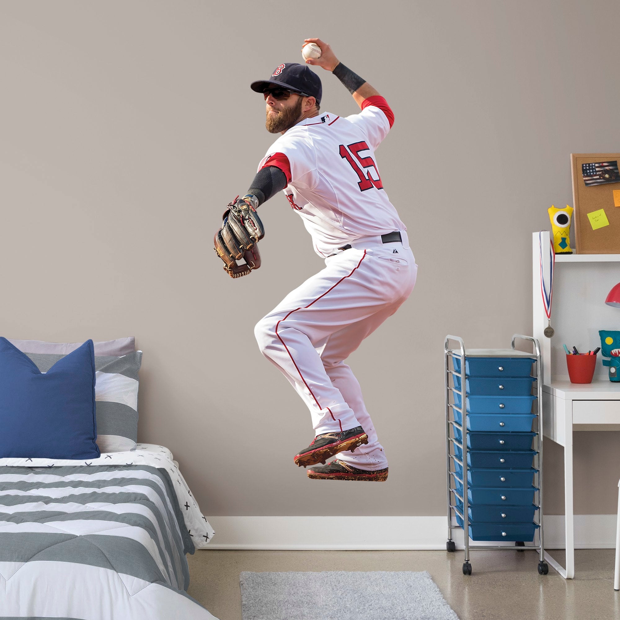 Dustin Pedroia for Boston Red Sox: Throwing - Officially Licensed MLB Removable Wall Decal Giant Athlete + 2 Decals (24"W x 51"H