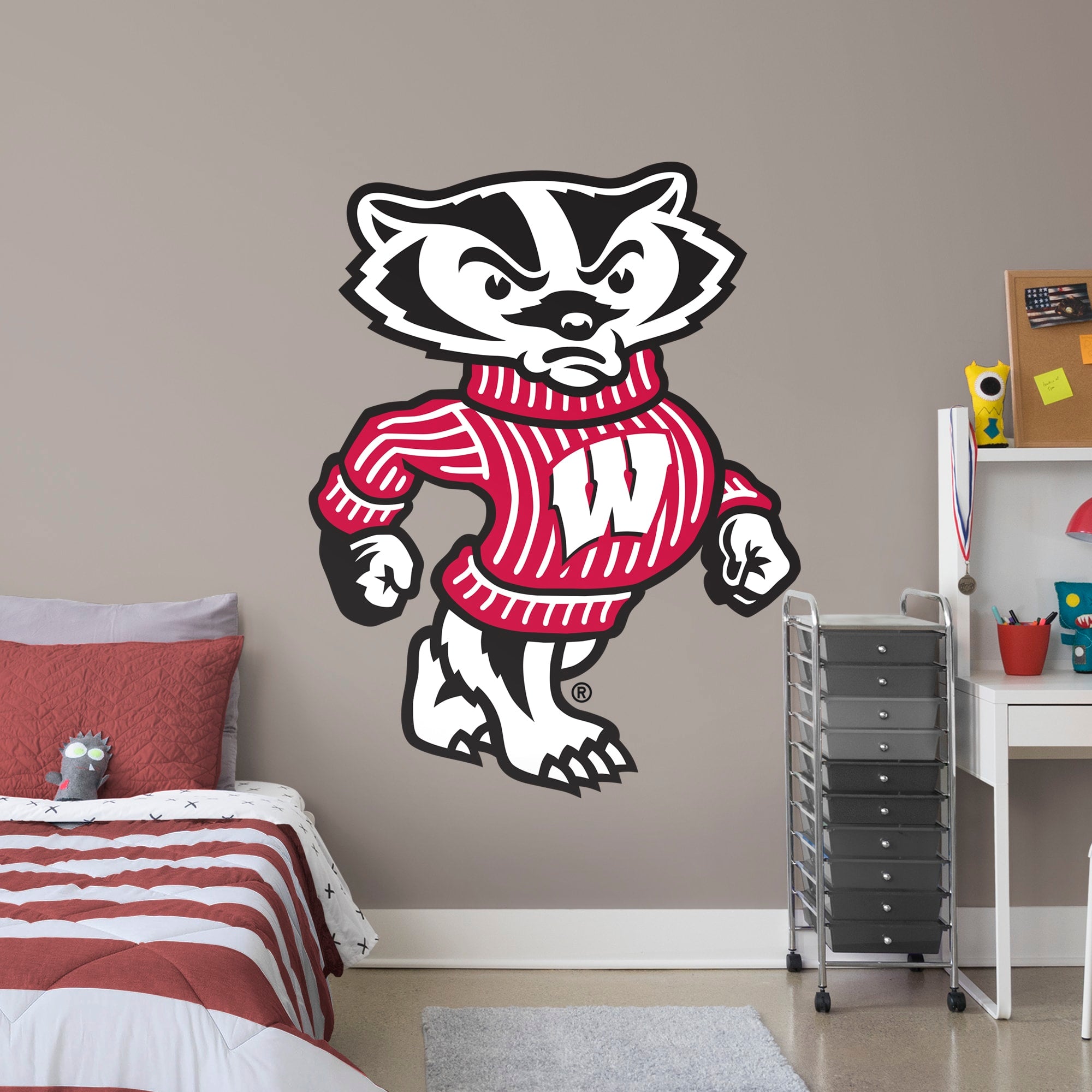 Wisconsin Badgers: Bucky Badger Illustrated Mascot - Officially Licensed Removable Wall Decal Life-Size Mascot + 2 Decals (48"W